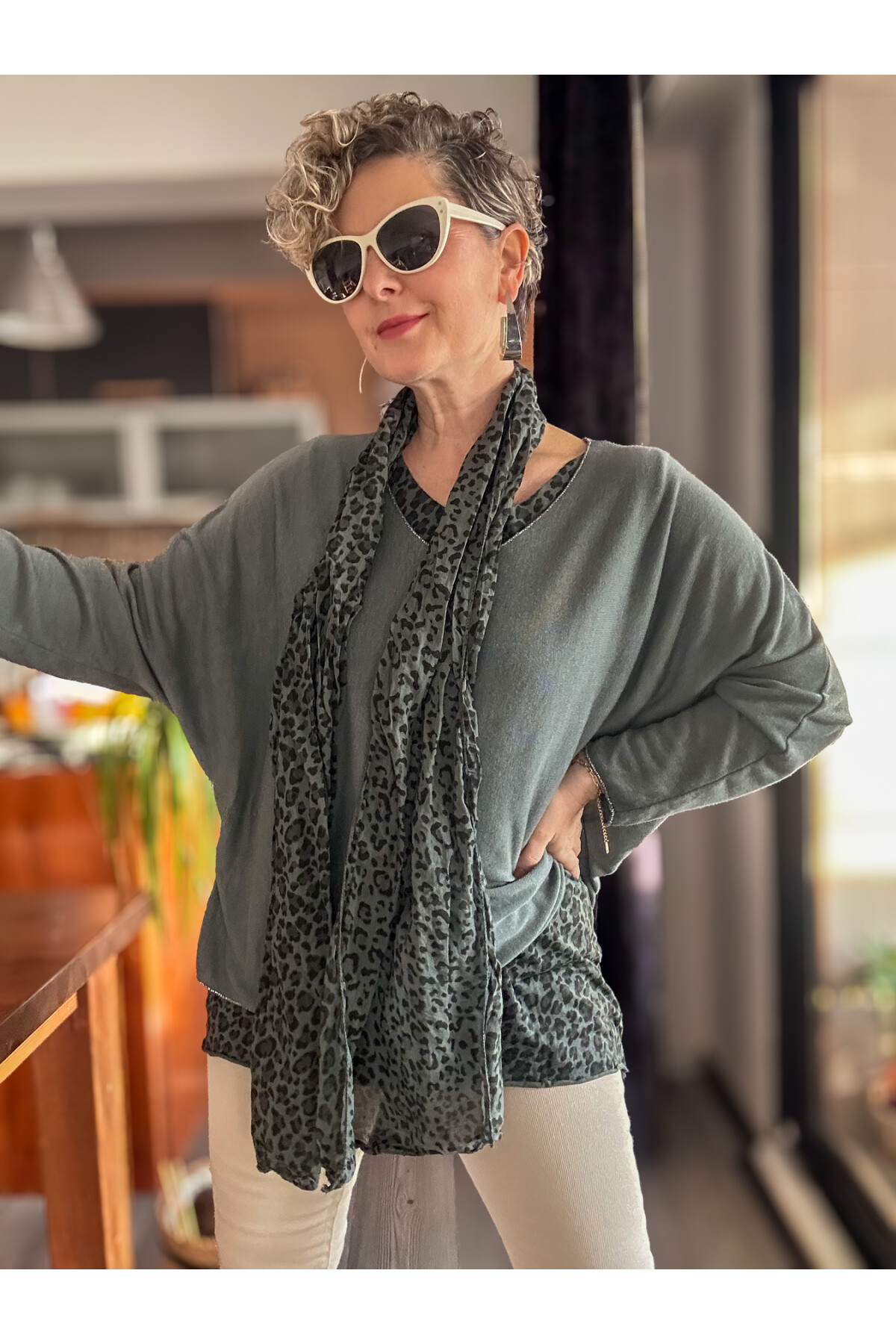 Meloni İtalyan Fularlı Atletli Bluz Triko Takım Gri