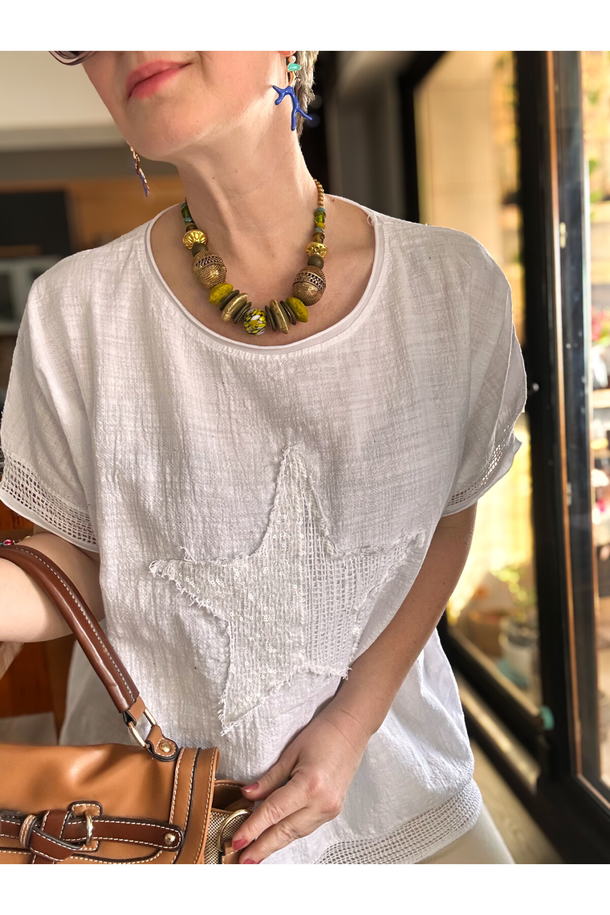 Mesa Yıldız Pul Detay Etek Ucu File Bluz Beyaz