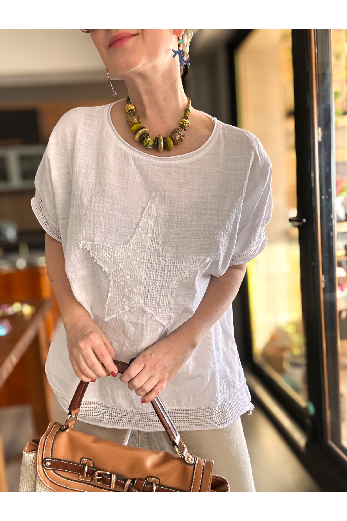 Mesa Yıldız Pul Detay Etek Ucu File Bluz Beyaz