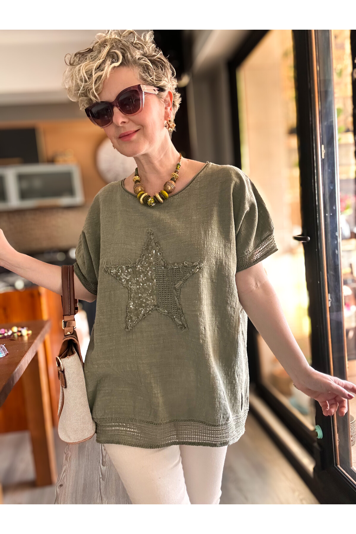 Mesa Yıldız Pul Detay Etek Ucu File Bluz Haki