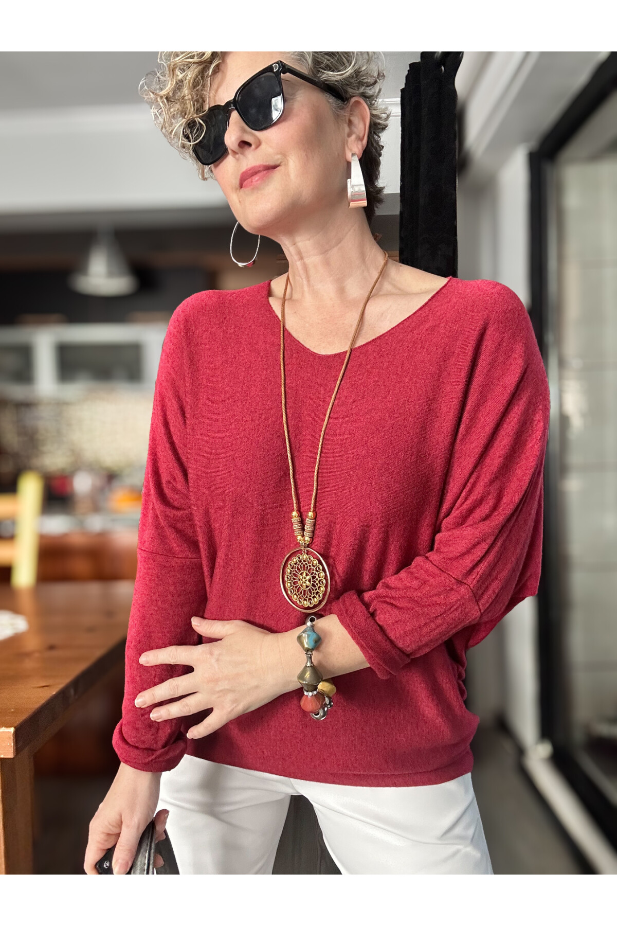 Mezzo İtalyan Kolyeli Tasarım Triko Bluz İndian Red