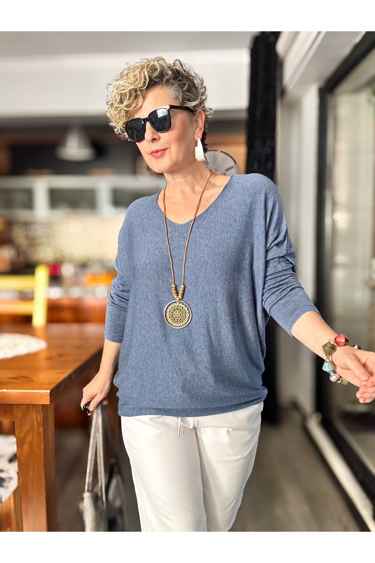 Mezzo İtalyan Kolyeli Tasarım Triko Bluz Jeans Mavi