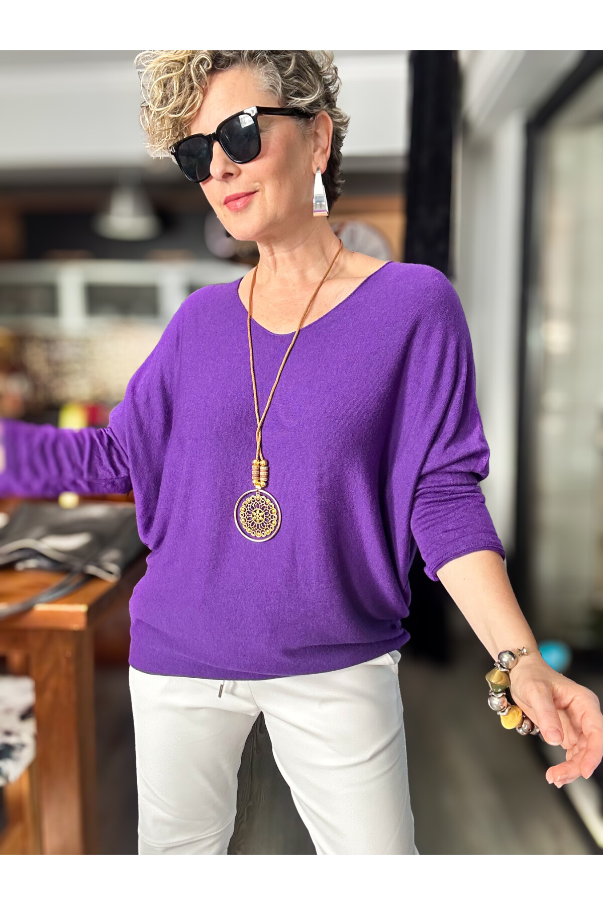 Mezzo İtalyan Kolyeli Tasarım Triko Bluz Purple