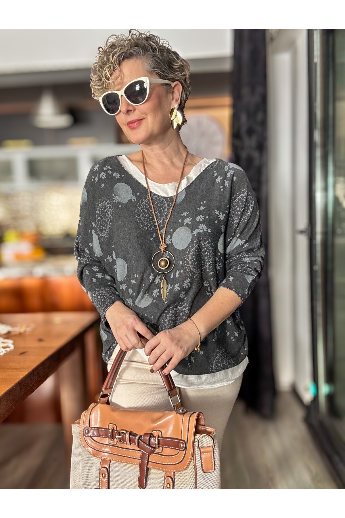 Mira Lotus Desen Kolyeli İtalyan Bluz Nero