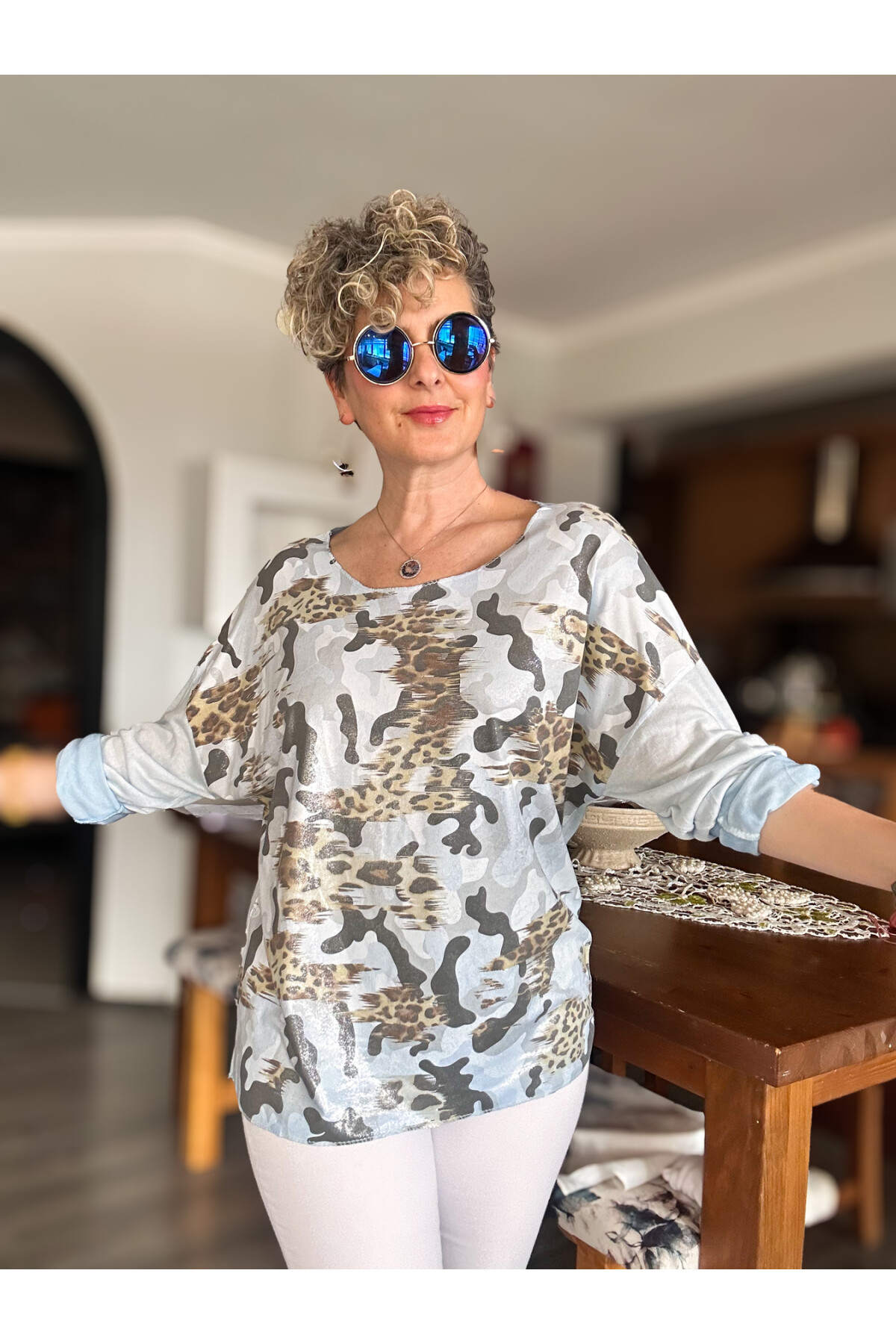 Miranda İtalyan Varak Baskı Kamuflaj Bluz Bebe Mavi