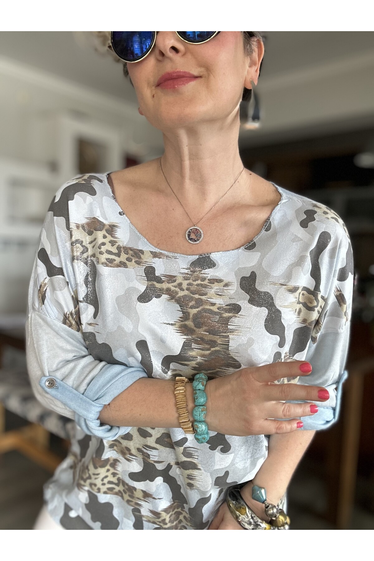 Miranda İtalyan Varak Baskı Kamuflaj Bluz Bebe Mavi