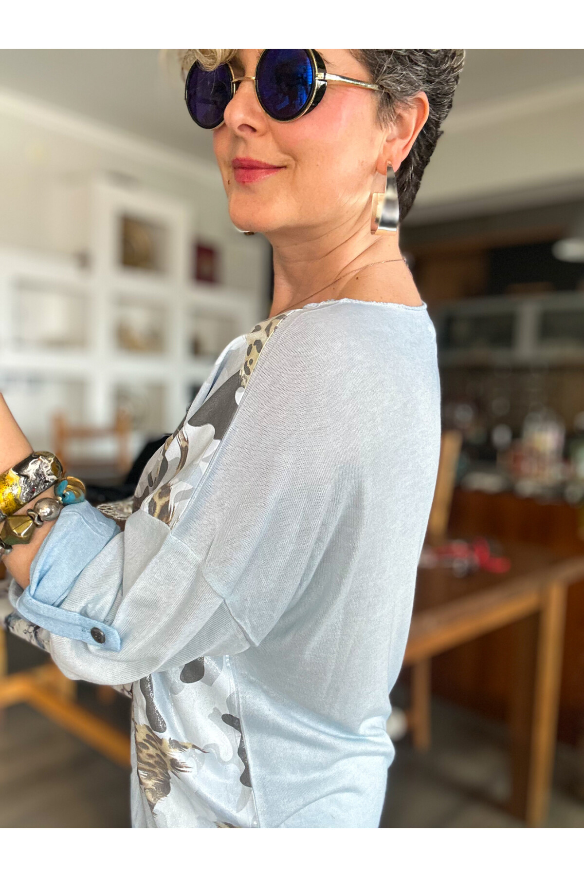 Miranda İtalyan Varak Baskı Kamuflaj Bluz Bebe Mavi