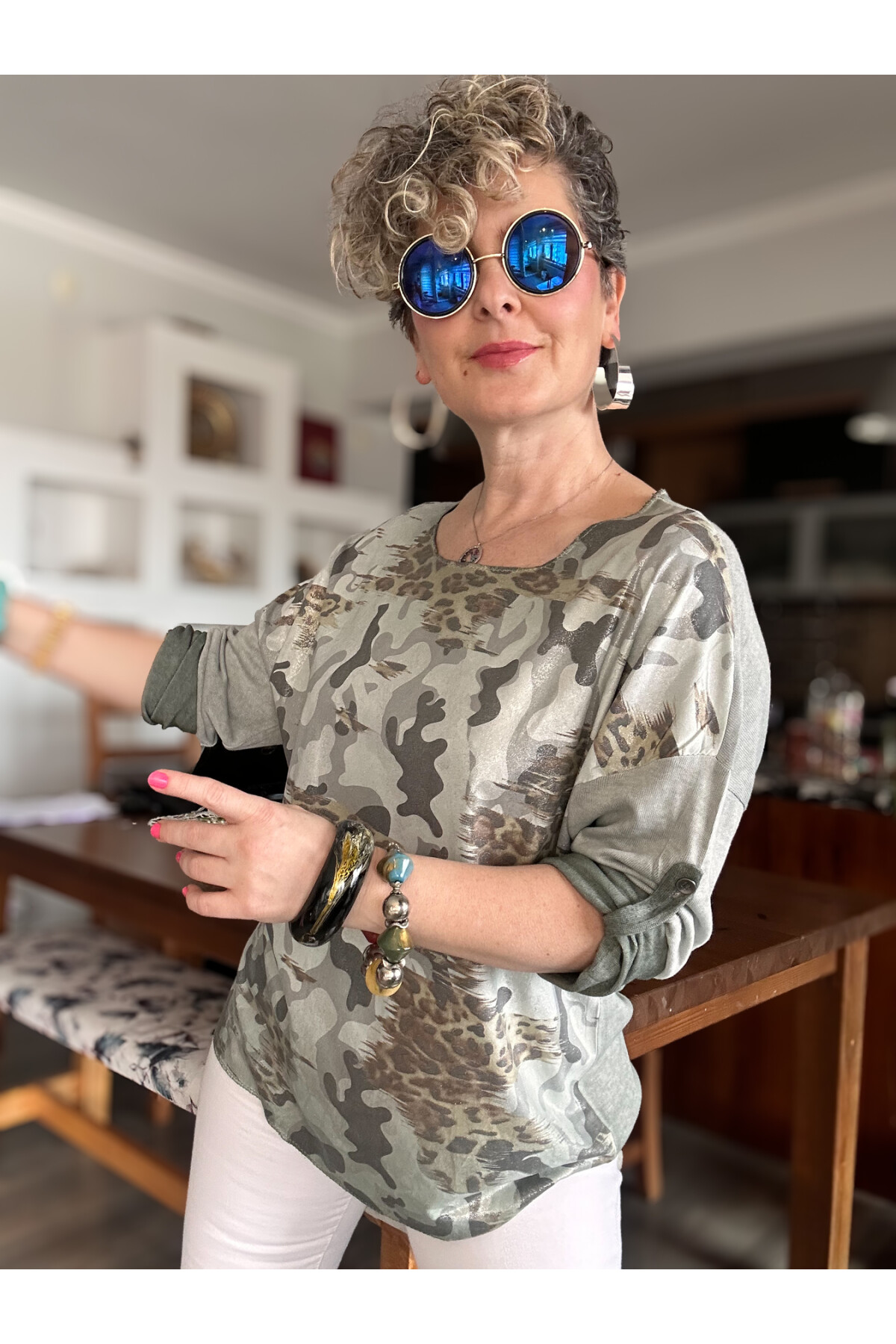 Miranda İtalyan Varak Baskı Kamuflaj Bluz Haki