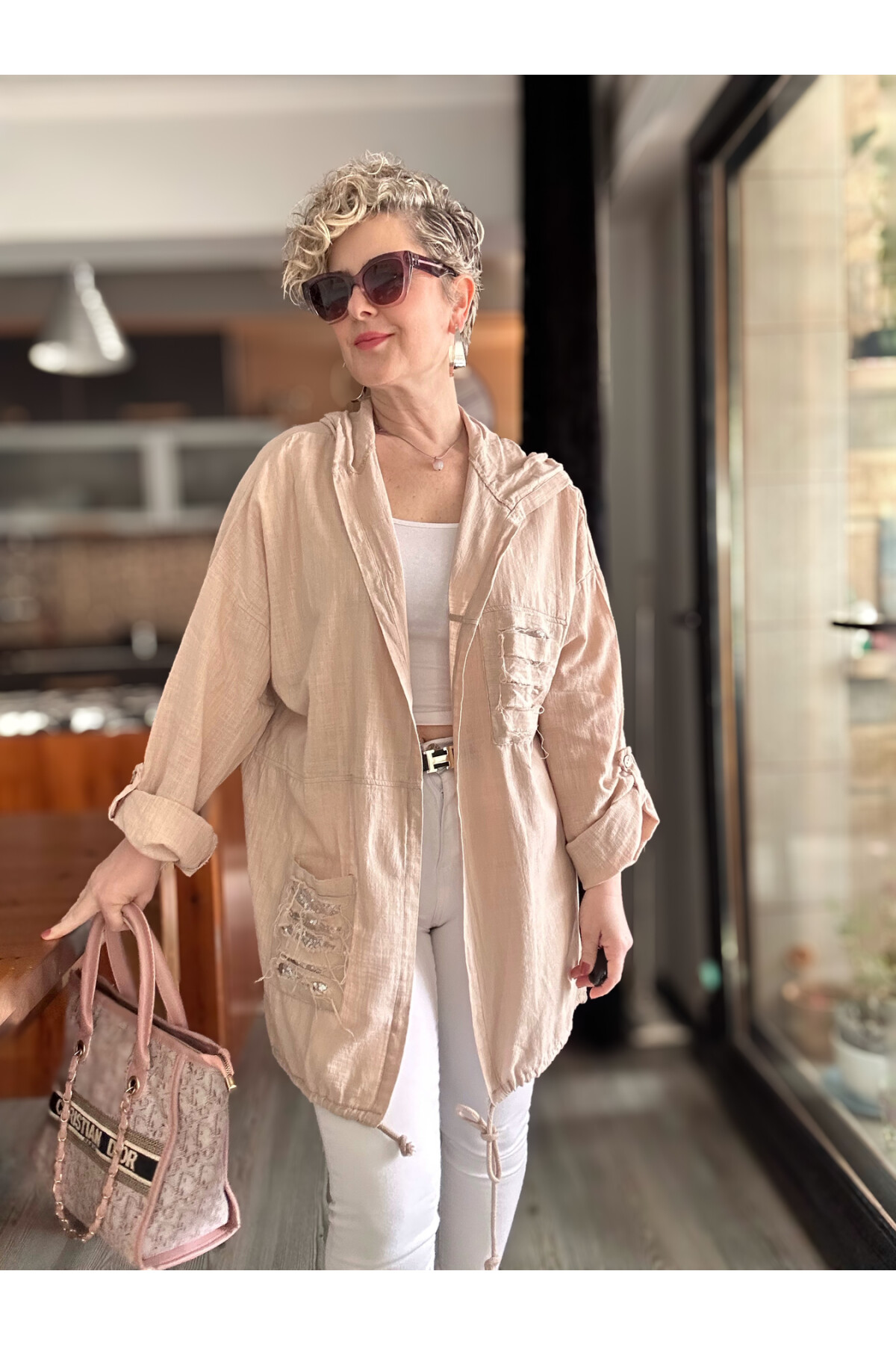 Mitti Cep Pul Payet Detay Kapşonlu Ceket Bej