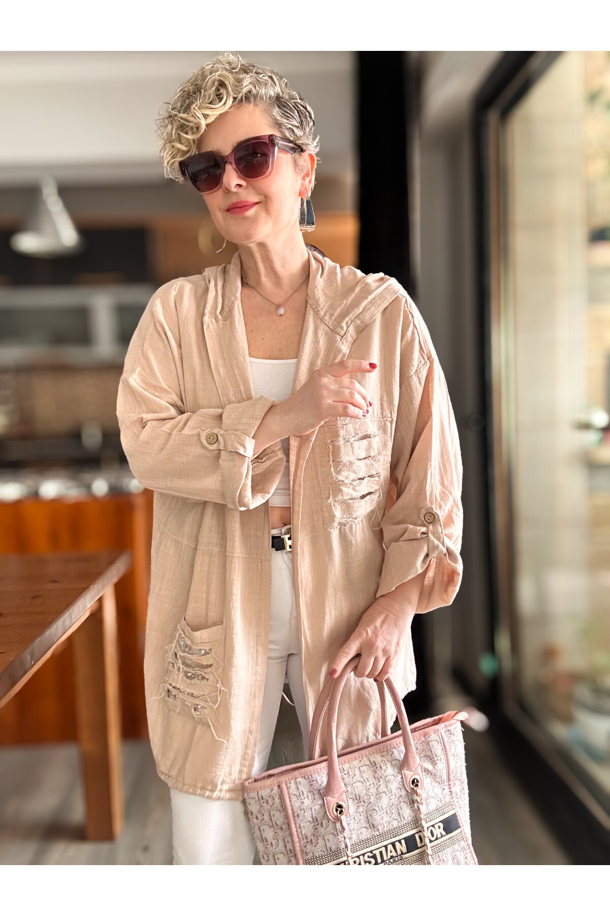 Mitti Cep Pul Payet Detay Kapşonlu Ceket Bej