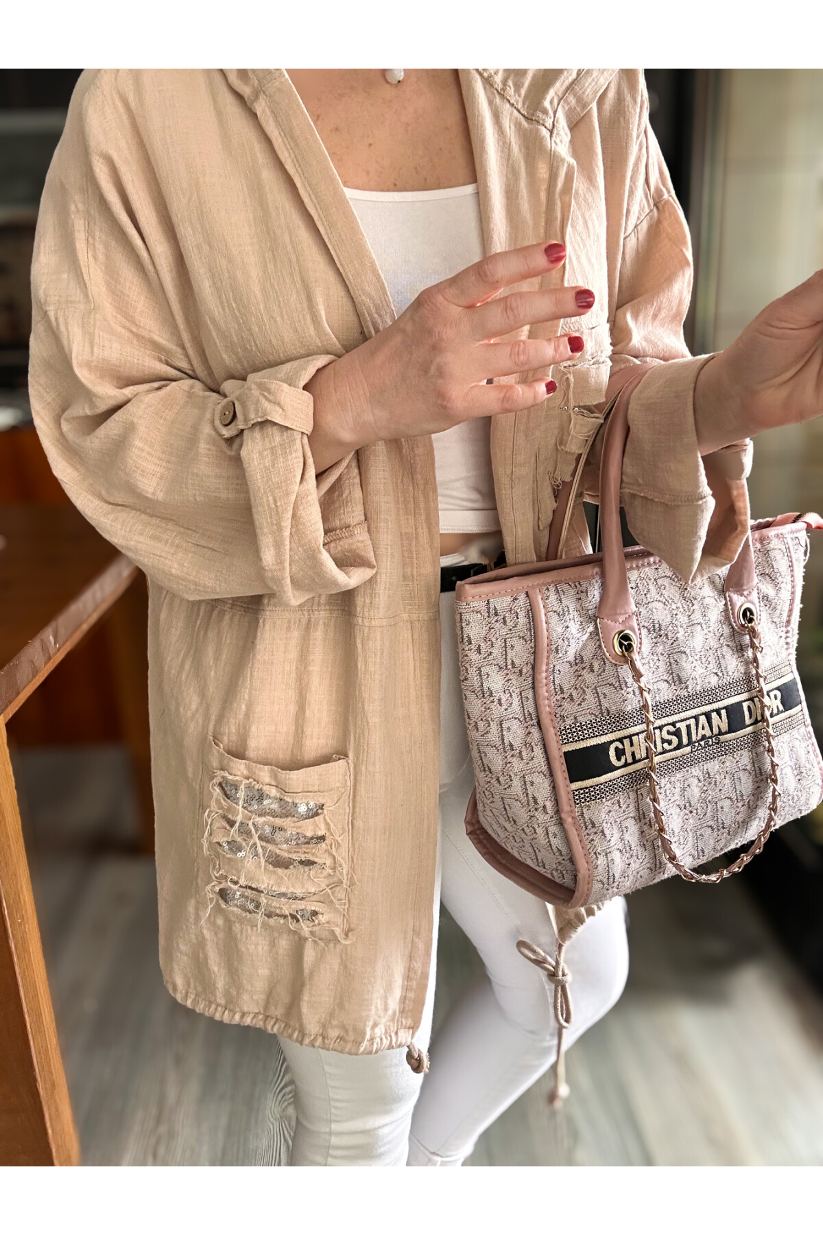 Mitti Cep Pul Payet Detay Kapşonlu Ceket Bej