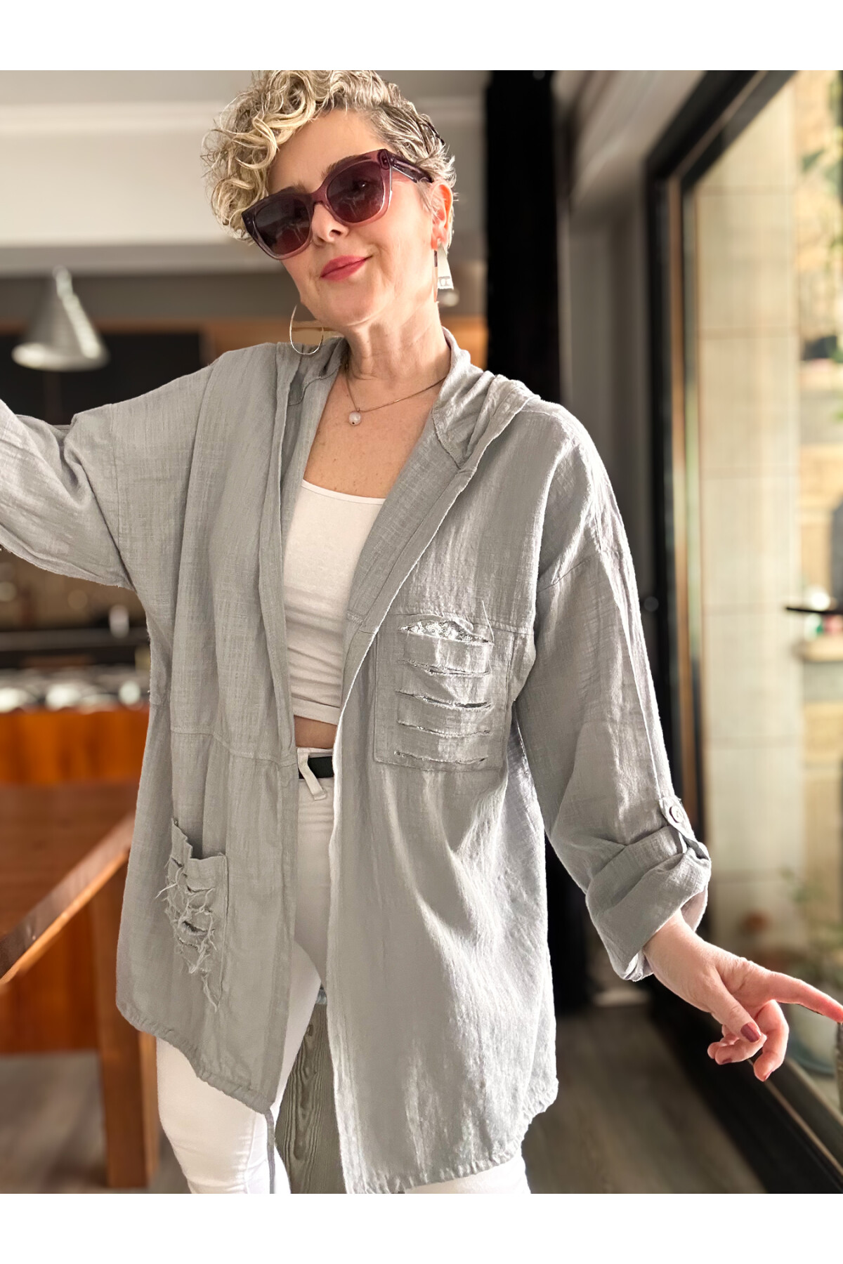 Mitti Cep Pul Payet Detay Kapşonlu Ceket Gri