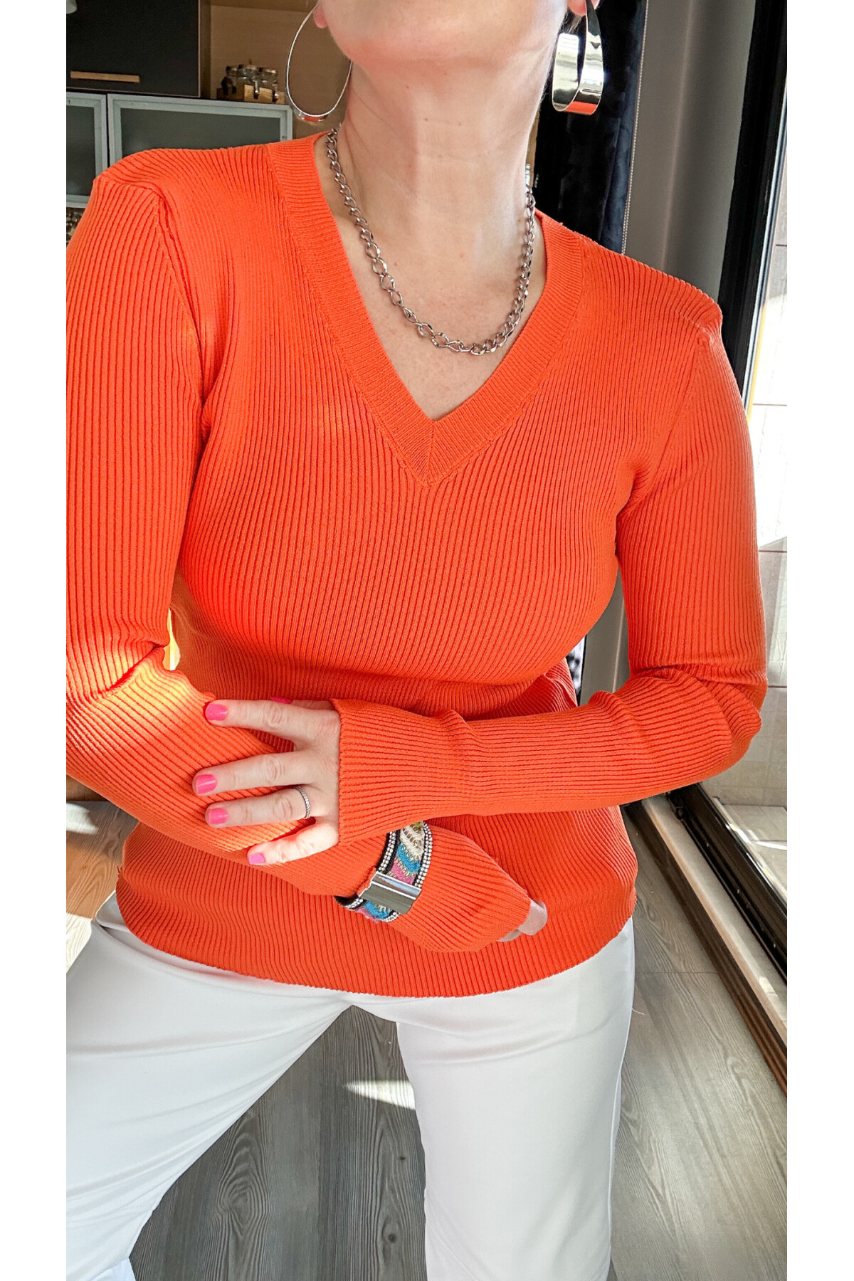 Mixx V Yaka Likralı Triko Bluz Turuncu