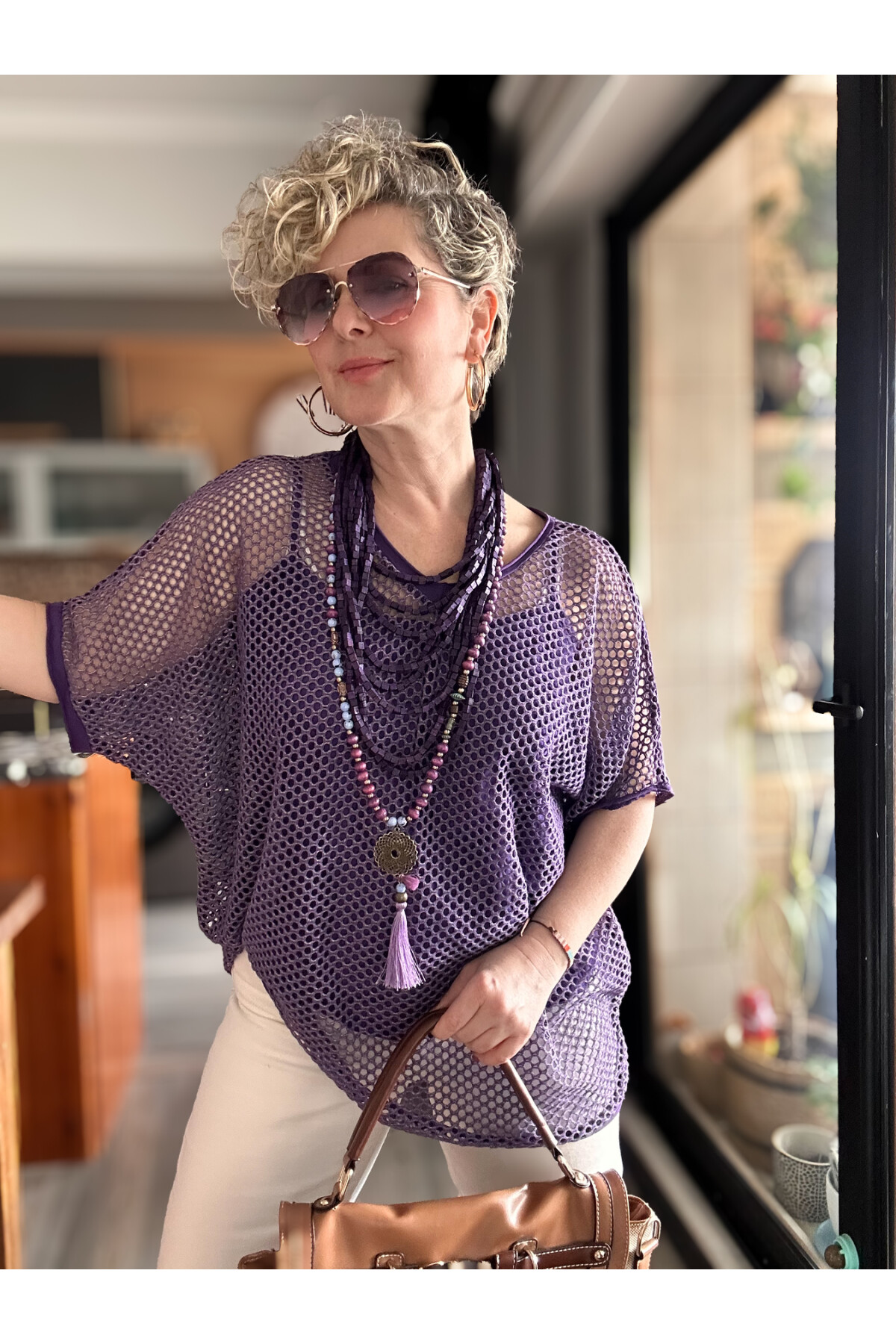 Motto İtalyan Fileli Atletli İkili Bluz Mor