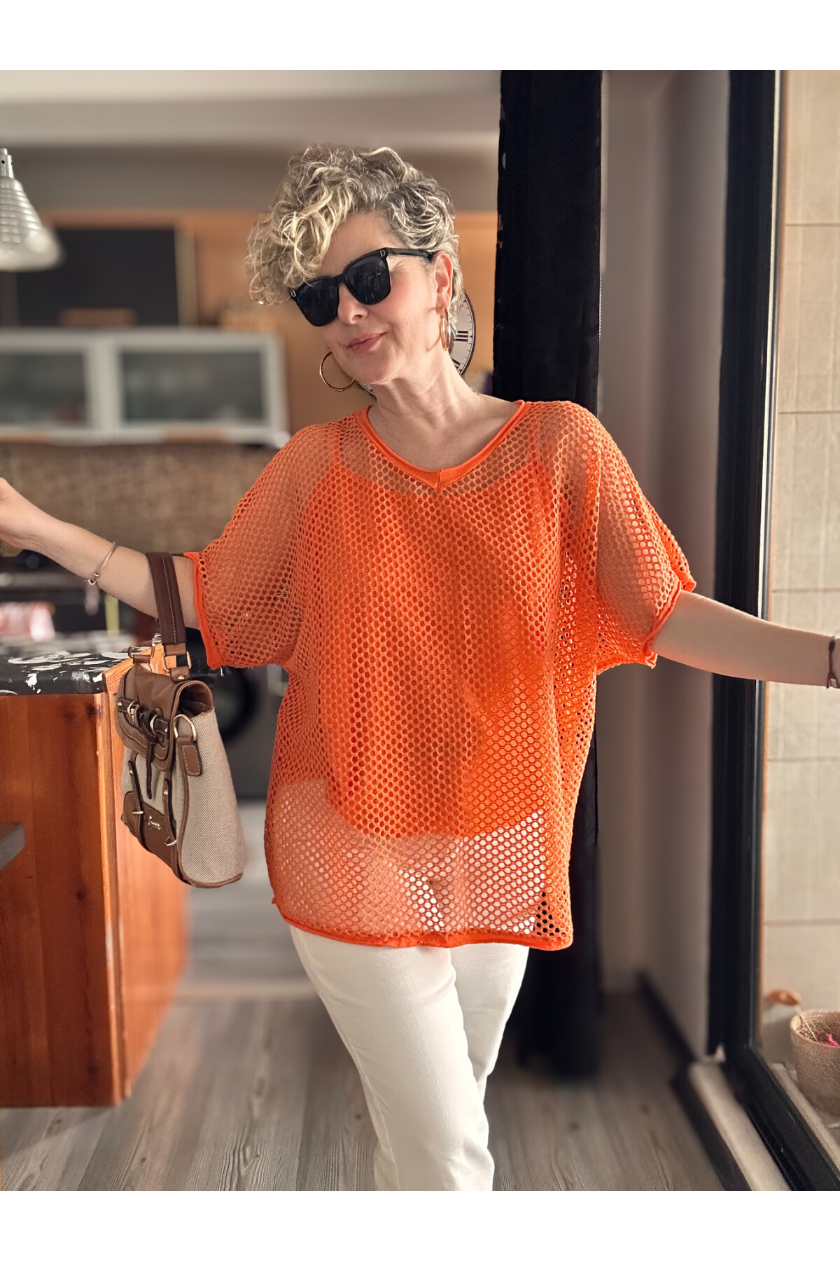 Motto İtalyan Fileli Atletli İkili Bluz Turuncu