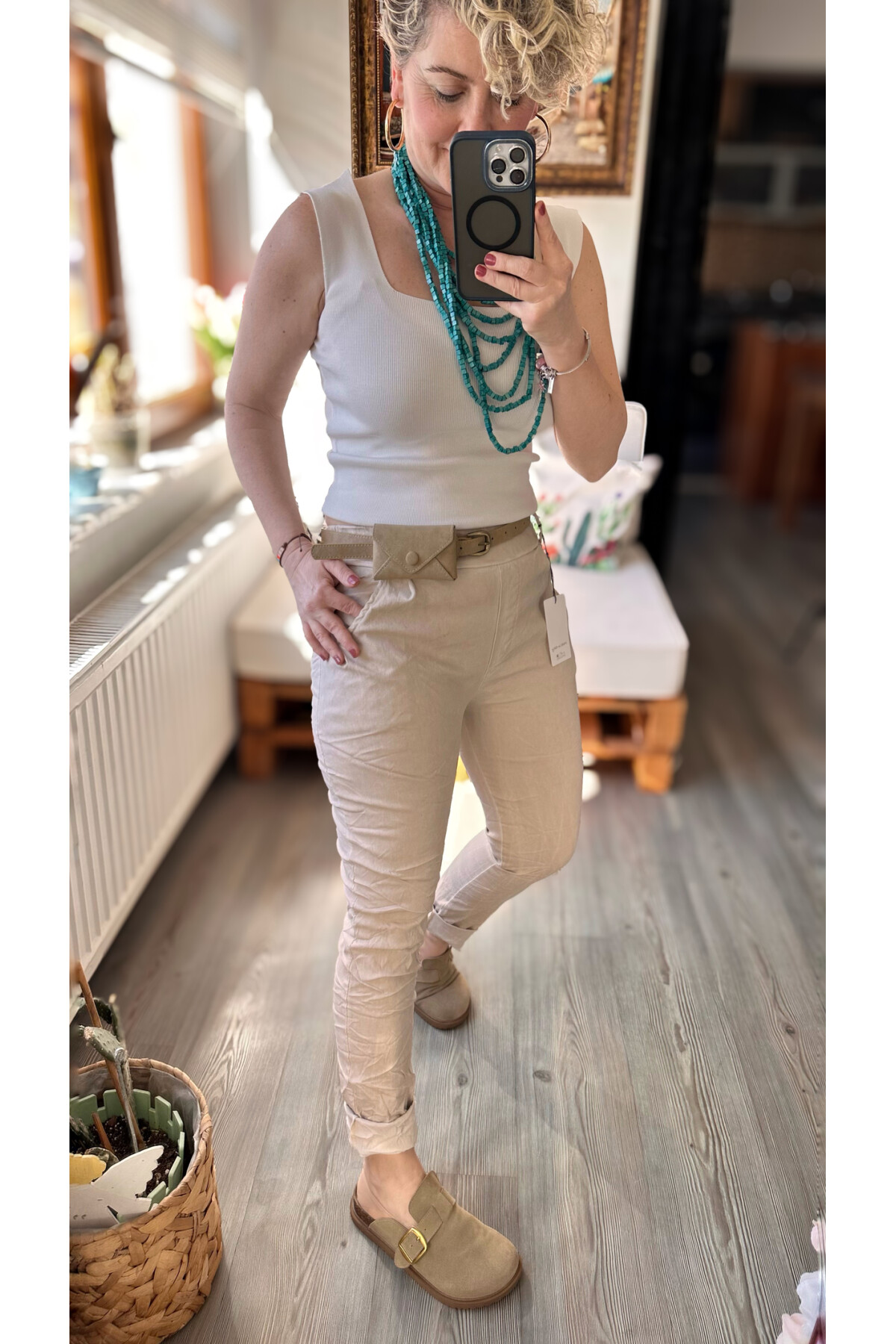 Nappa İtalyan Çanta Kemerli Sihirlli Pantolon Beige