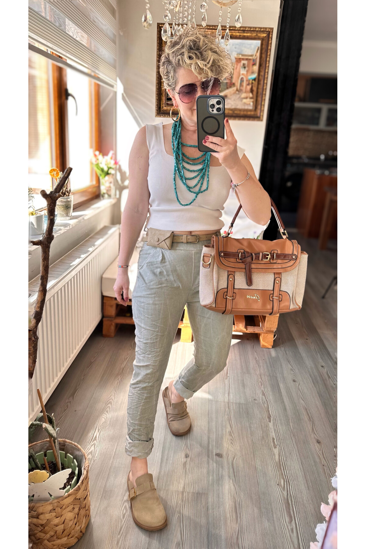 Nappa İtalyan Çanta Kemerli Sihirlli Pantolon Çağla