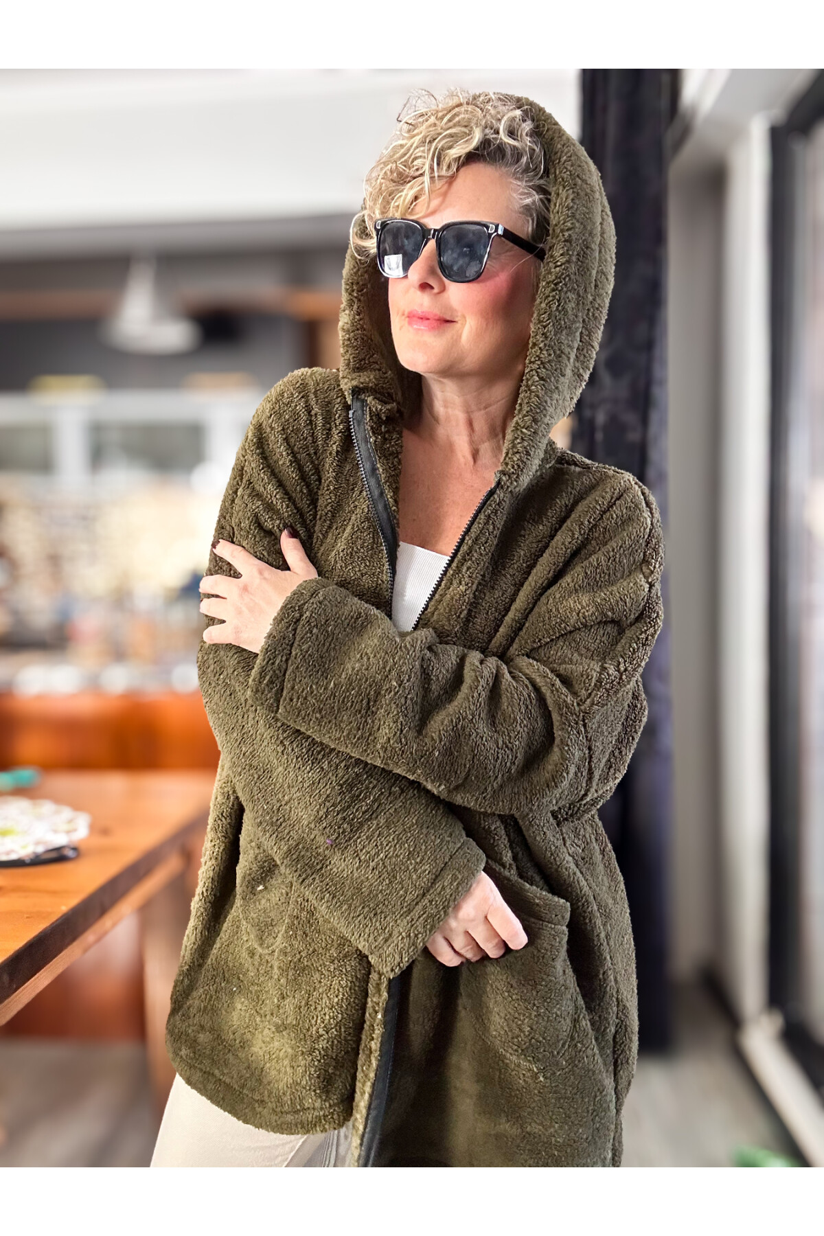 Nessa Kapşonlu Oversize Peluş Polar Hırka Haki