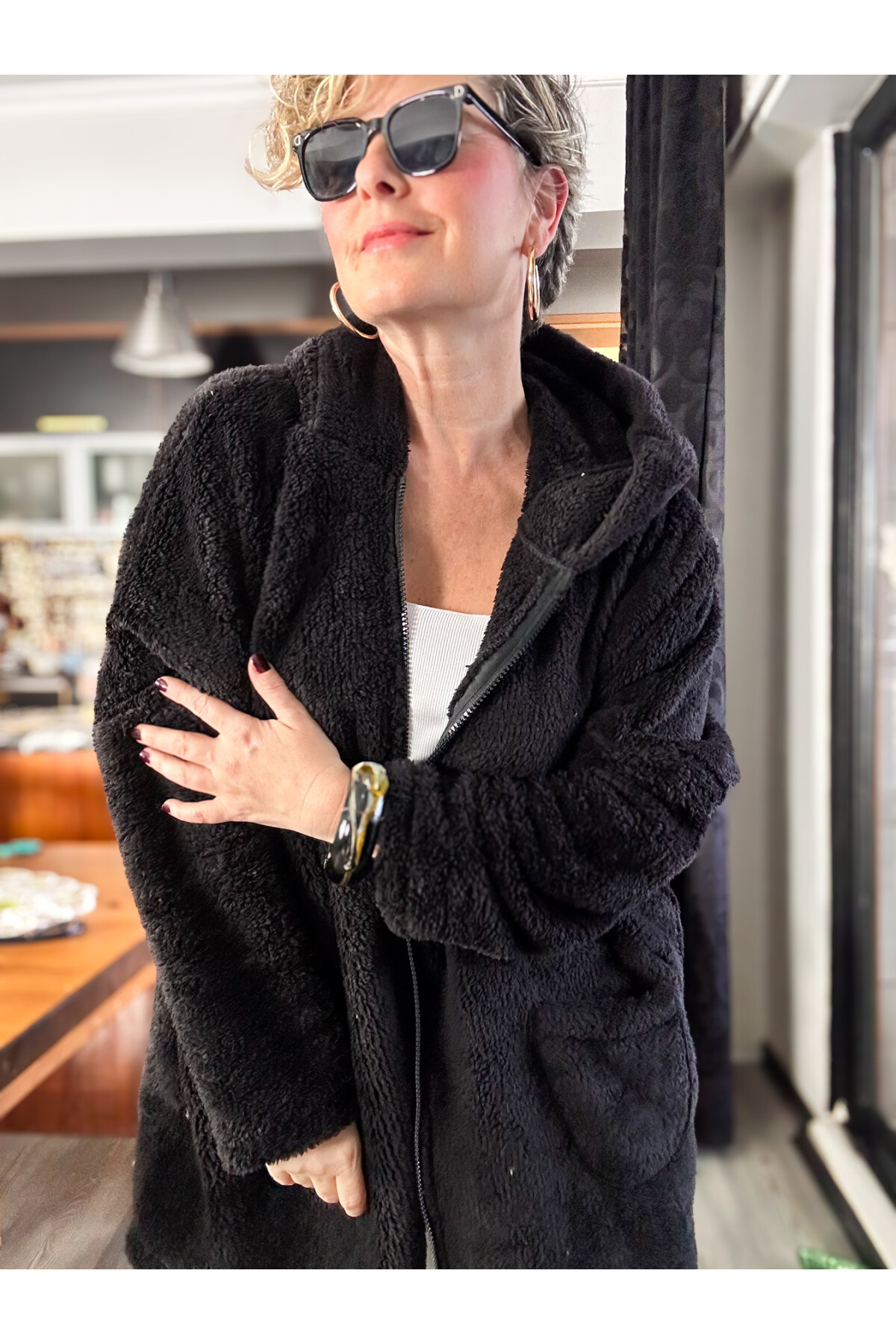 Nessa Kapşonlu Oversize Peluş Polar Hırka Siyah