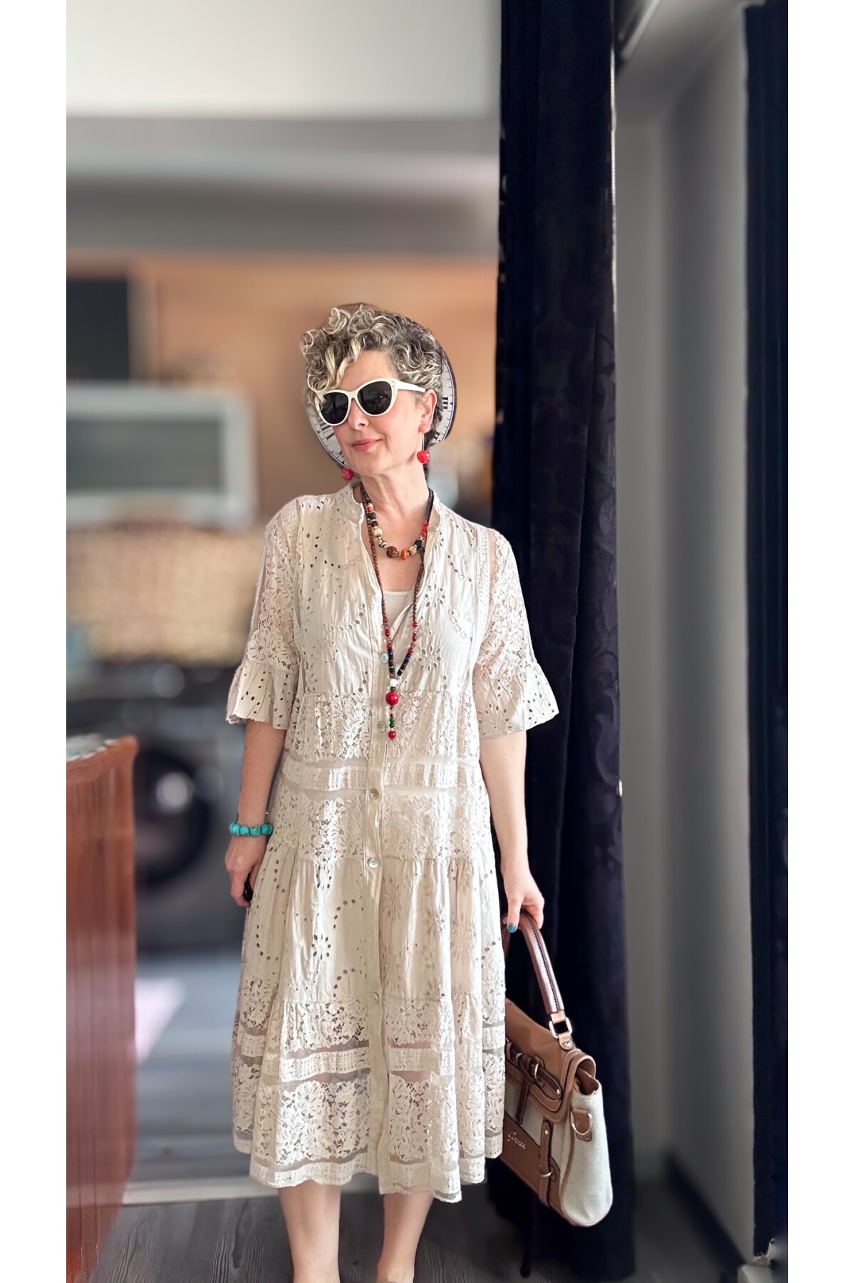 Nessi İtalyan Brode Gömlek Elbise Beige