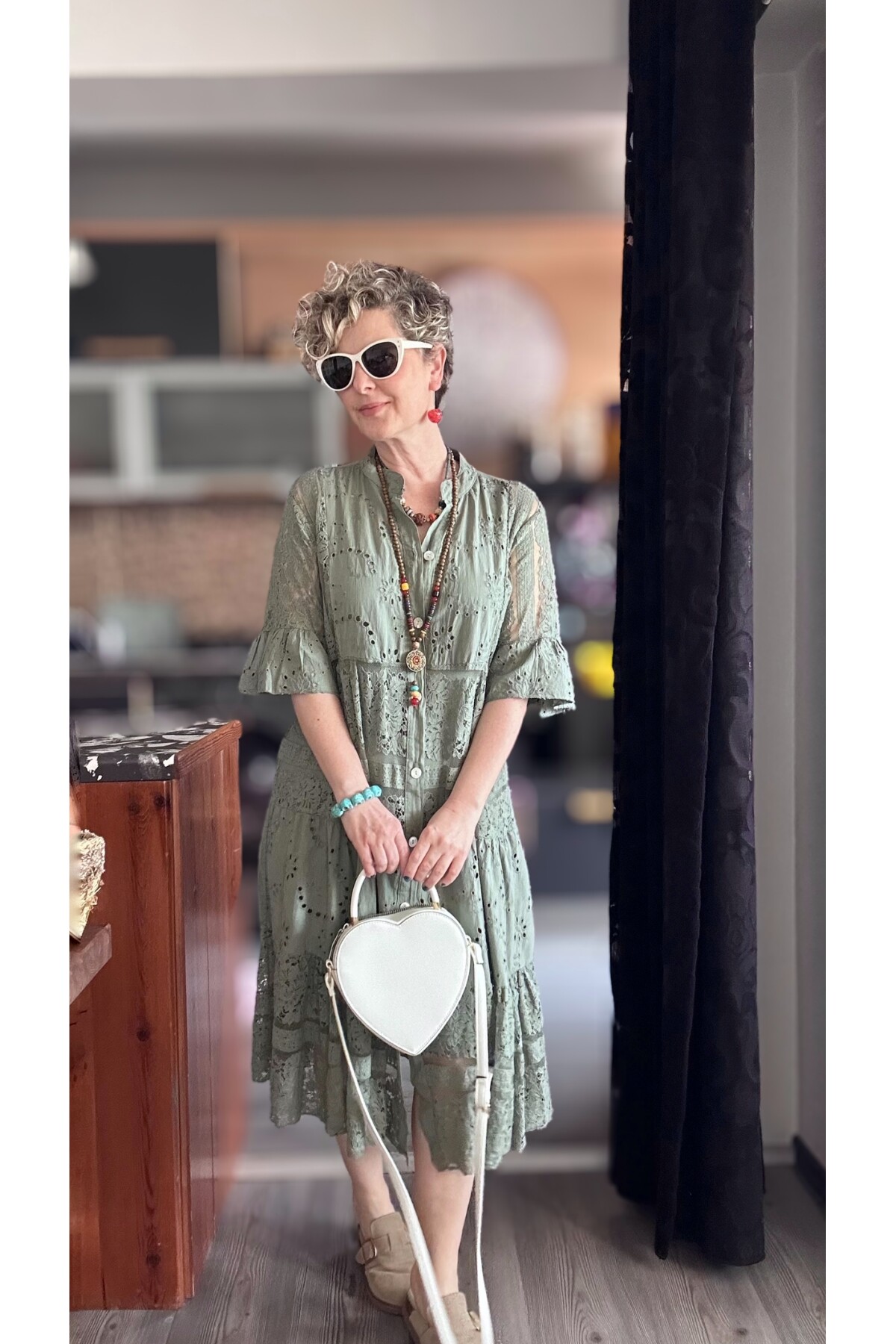 Nessi İtalyan Brode Gömlek Elbise Haki Yeşil