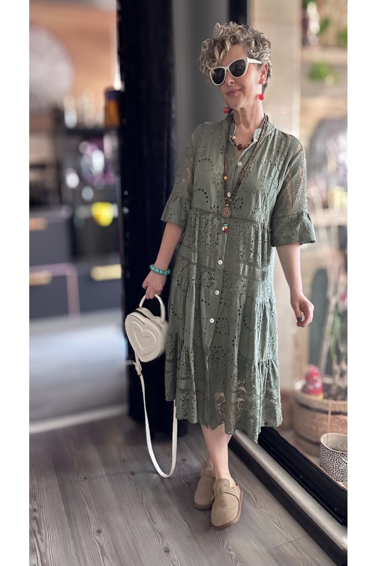 Nessi İtalyan Brode Gömlek Elbise Haki Yeşil