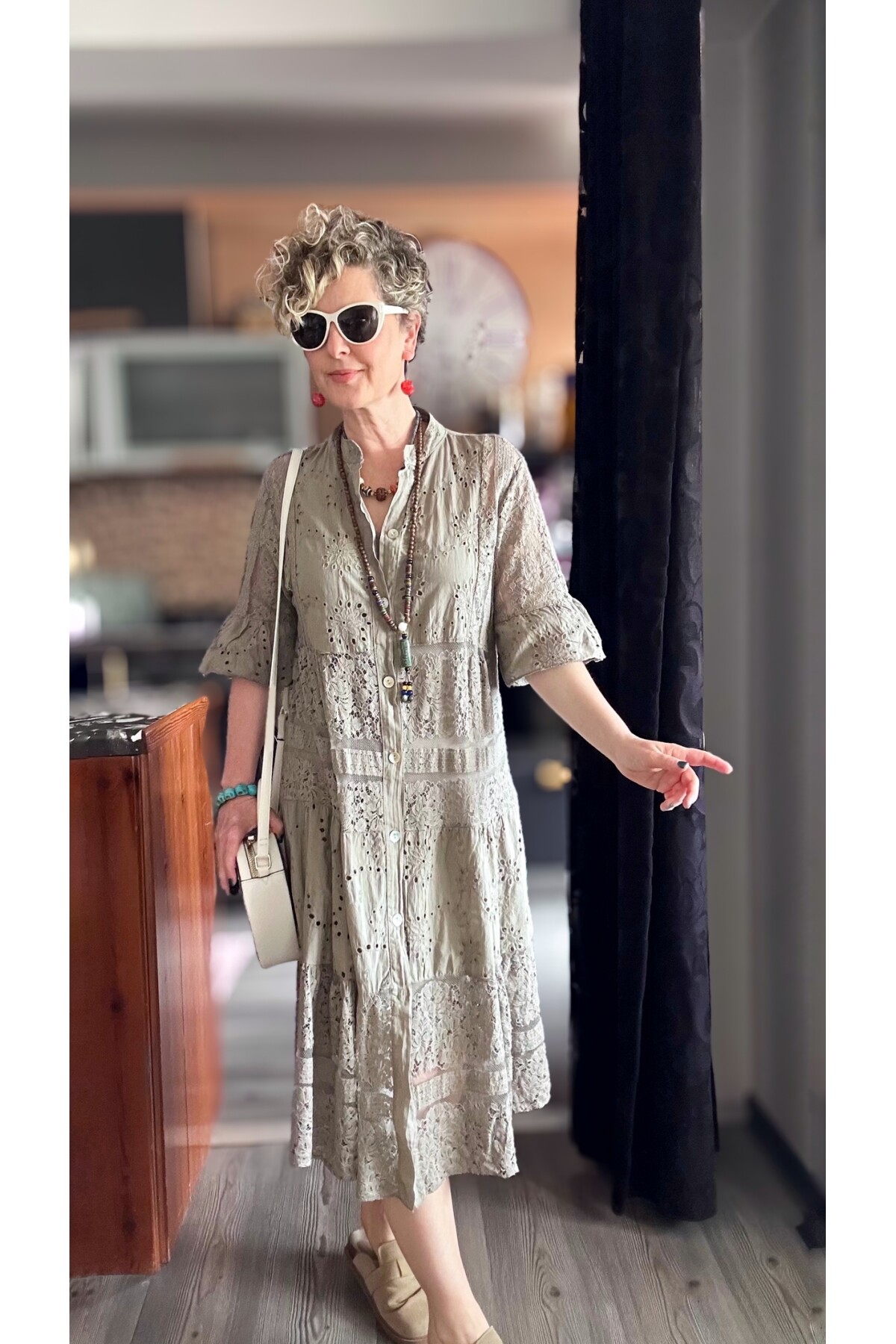 Nessi İtalyan Brode Gömlek Elbise Vizon