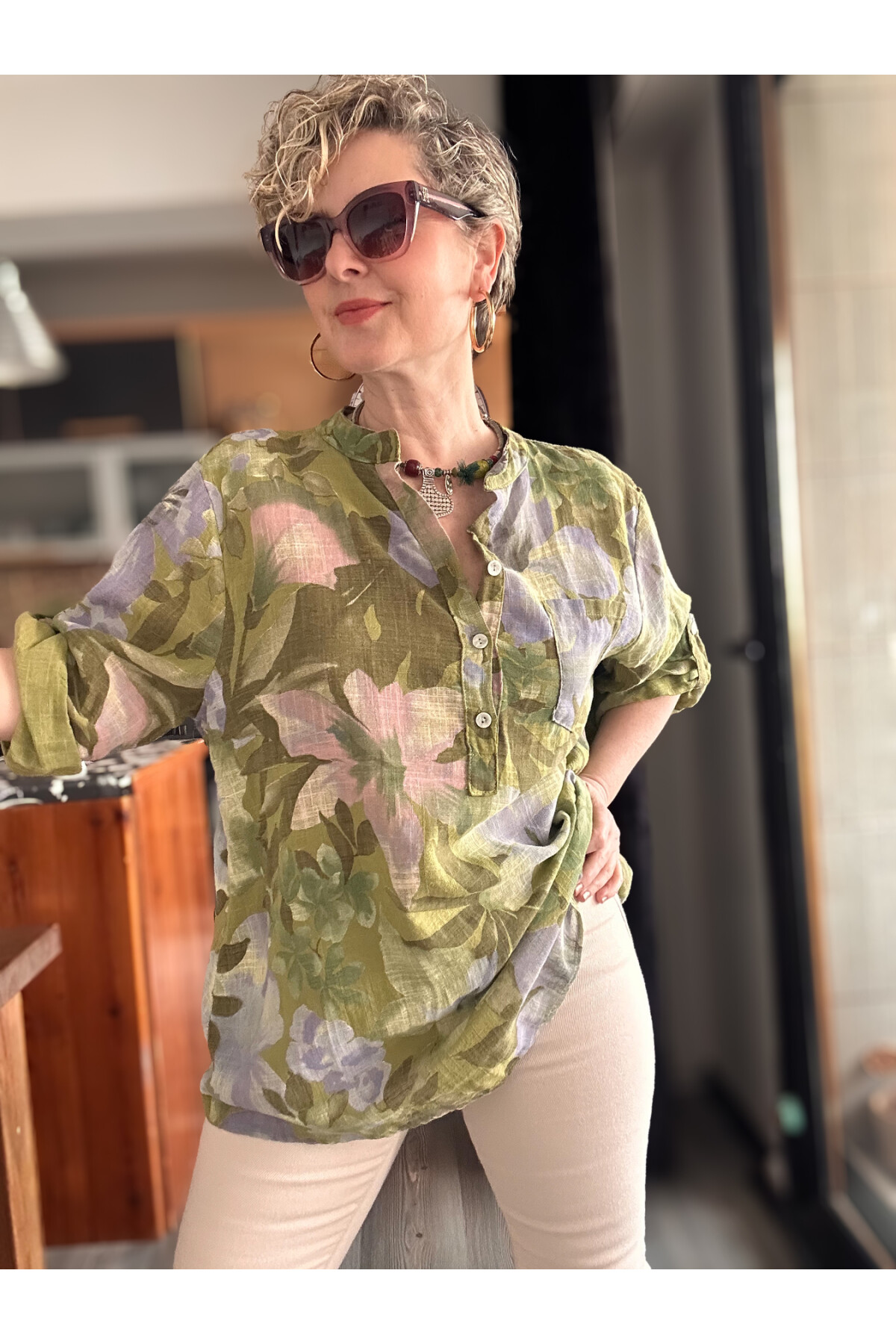 Netti Zambak Desen İtalyan Gömlek Yeşil