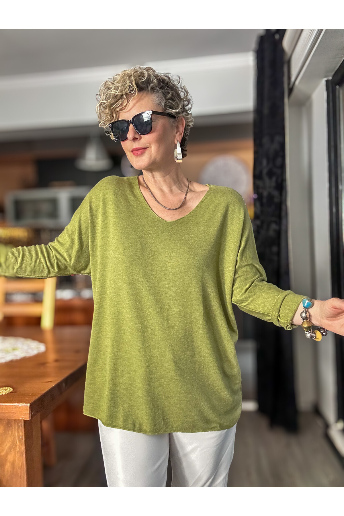 Nonna İthal V Yaka Tasarım Triko Fıstık Yeşil