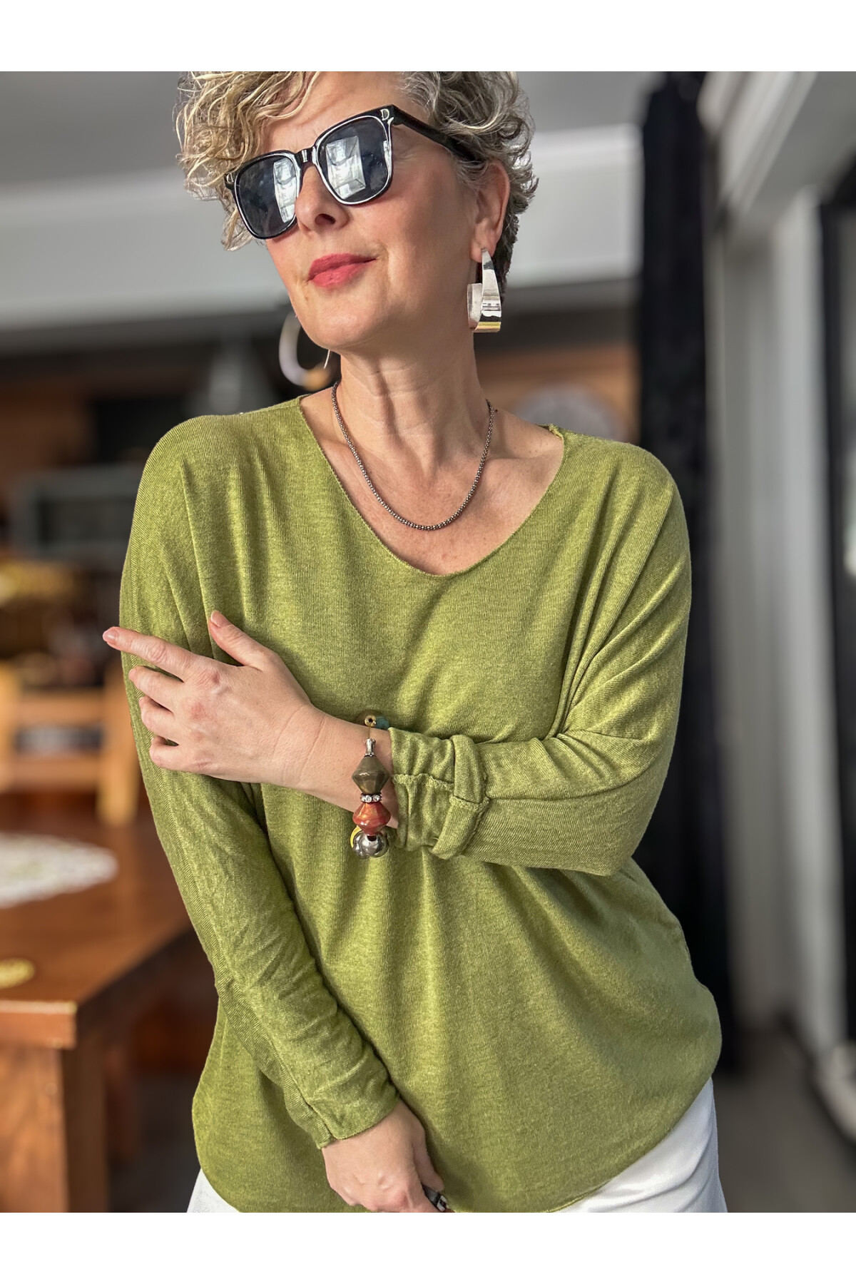 Nonna İthal V Yaka Tasarım Triko Fıstık Yeşil