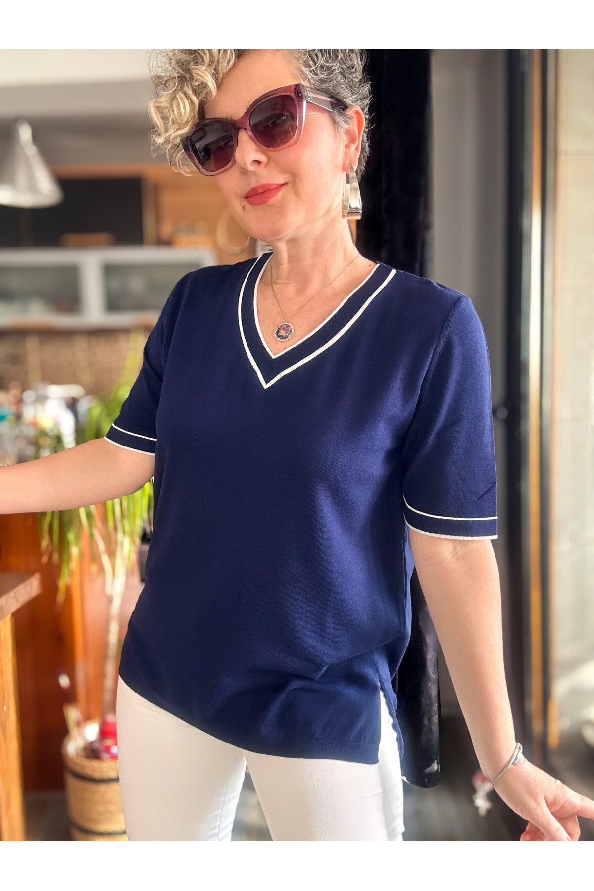 Orfe V Yaka Ve Kol Çizgili Triko Bluz Lacivert