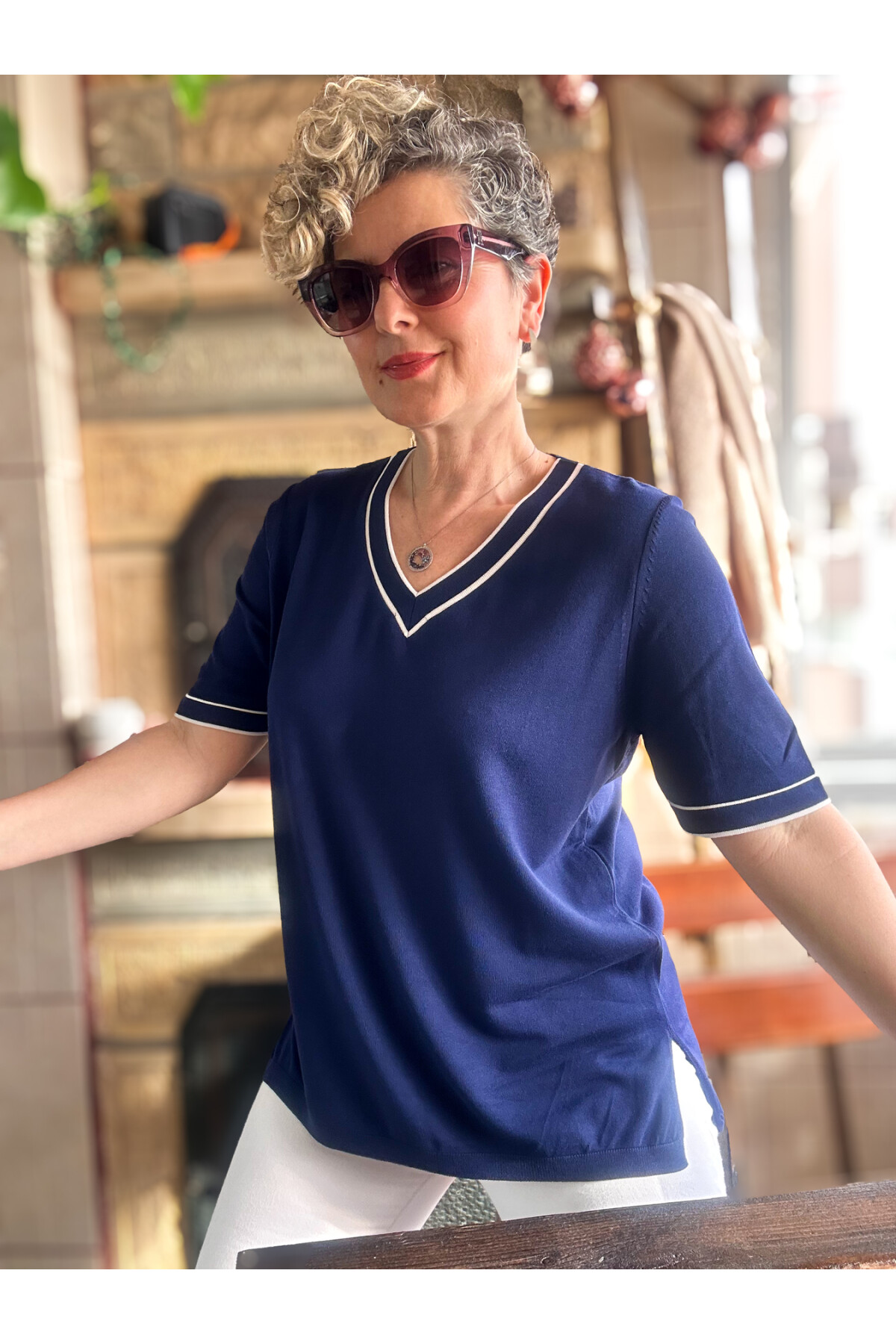 Orfe V Yaka Ve Kol Çizgili Triko Bluz Lacivert