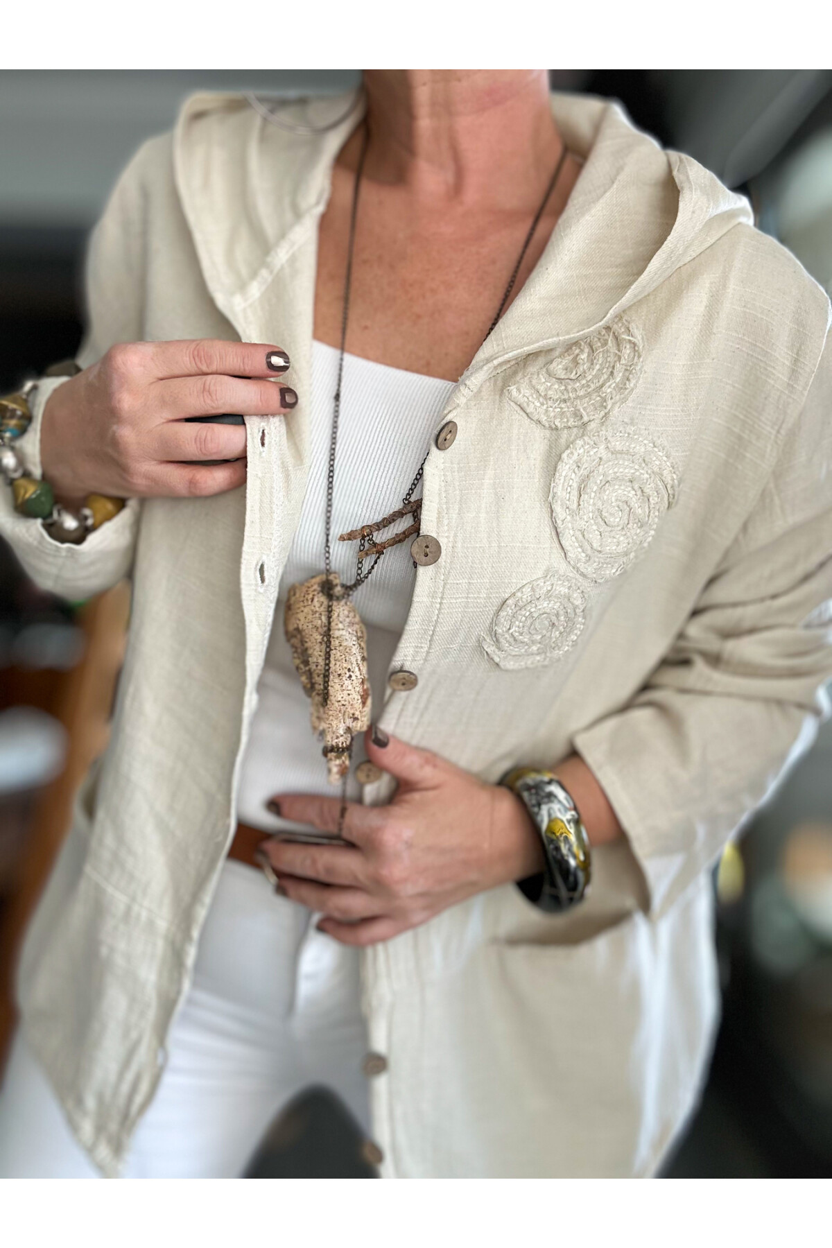 Papel Nakış Detaylı İpli Kapşonlu Hırka Ceket Ekru