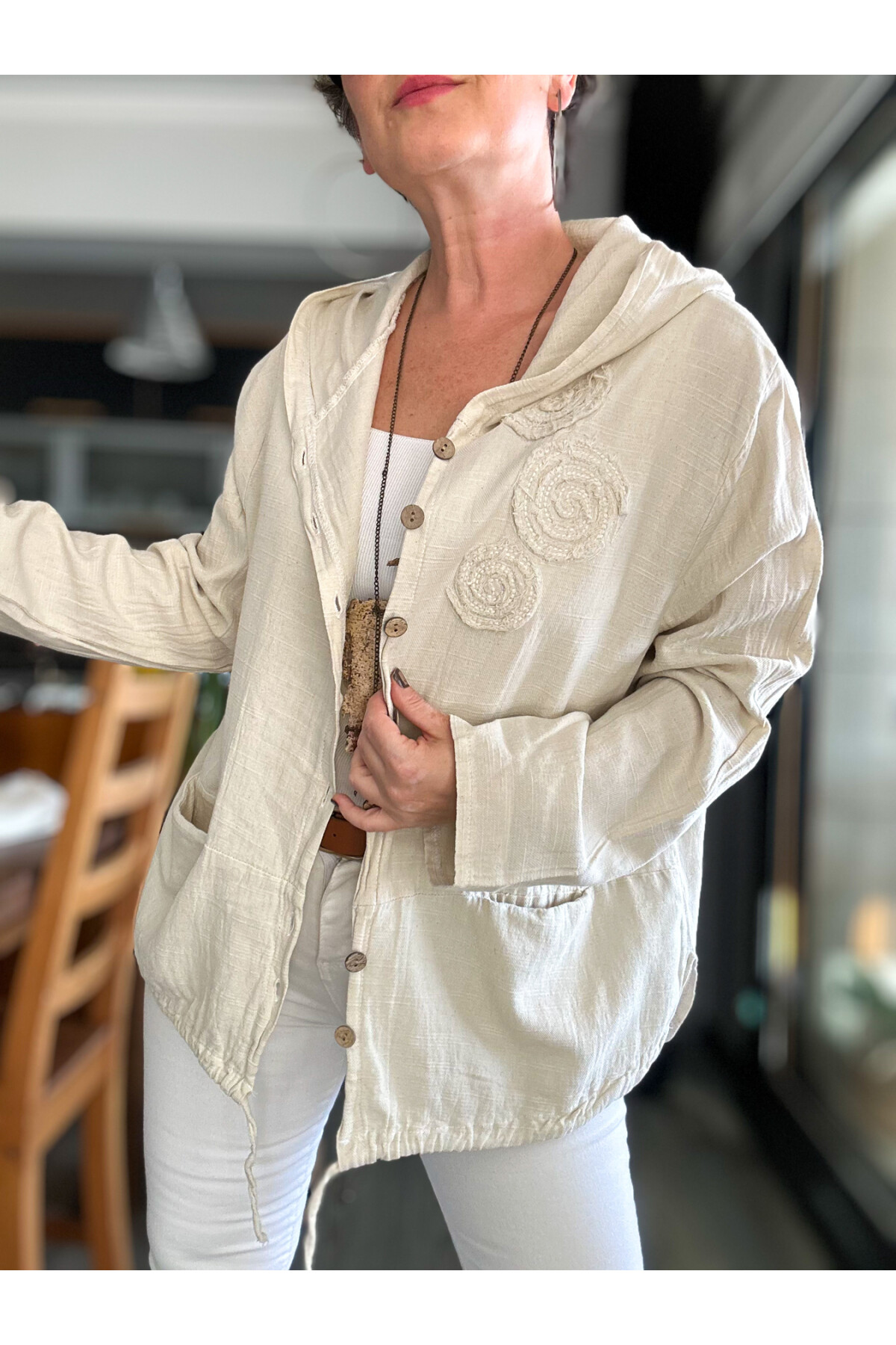 Papel Nakış Detaylı İpli Kapşonlu Hırka Ceket Ekru