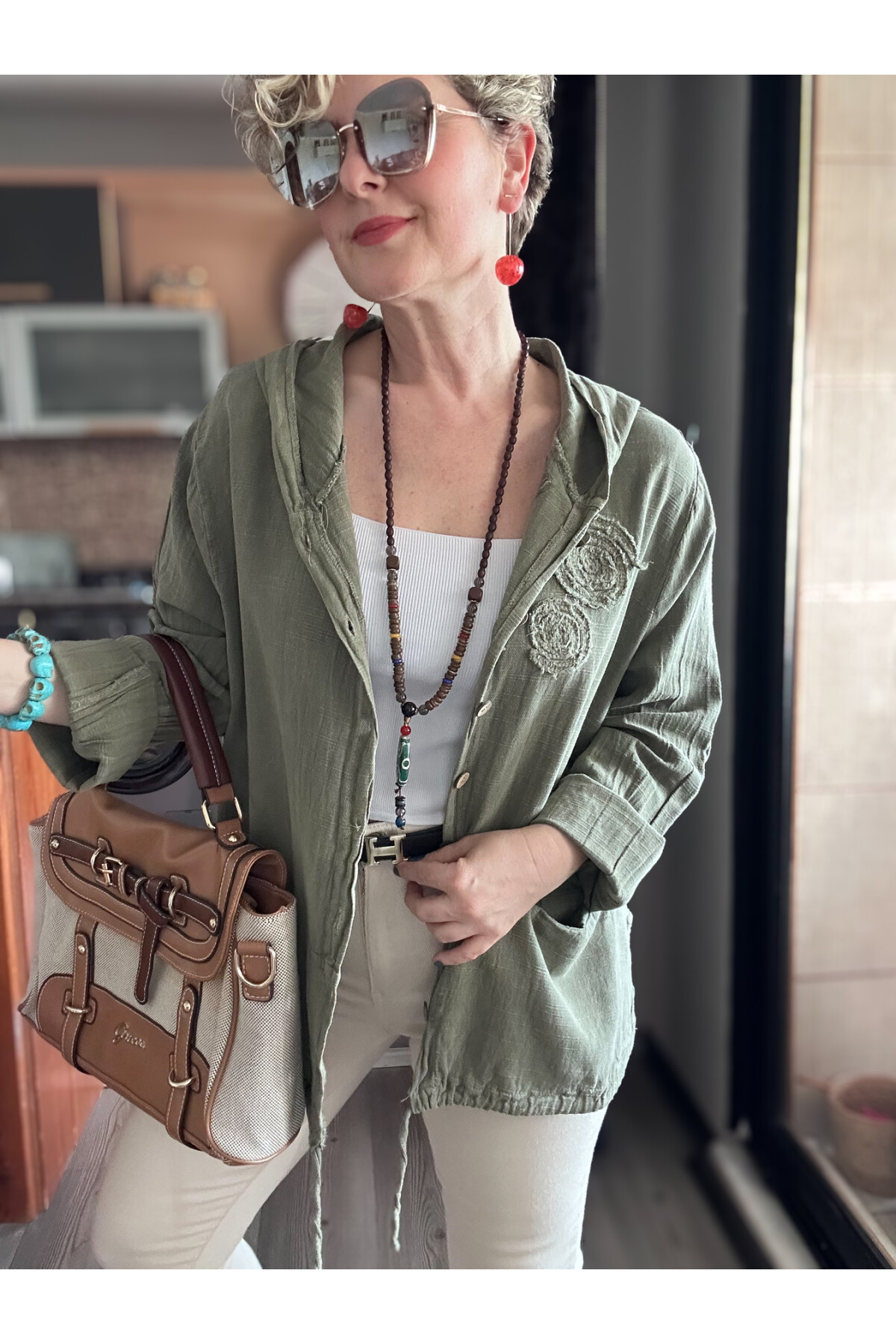 Papel Nakış Detaylı İpli Kapşonlu Hırka Ceket Haki