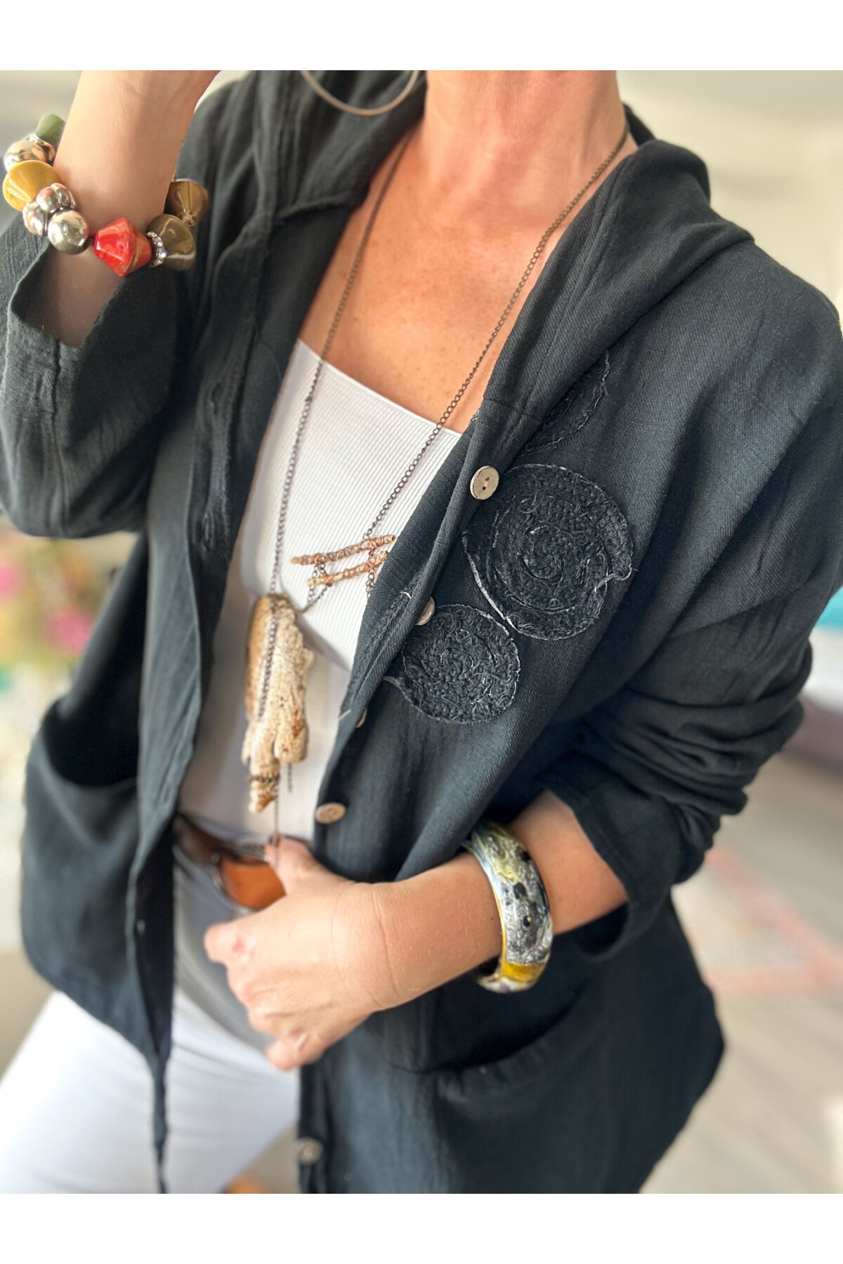 Papel Nakış Detaylı İpli Kapşonlu Hırka Ceket Siyah