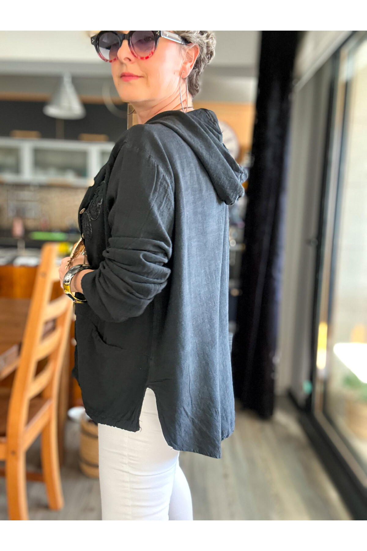 Papel Nakış Detaylı İpli Kapşonlu Hırka Ceket Siyah