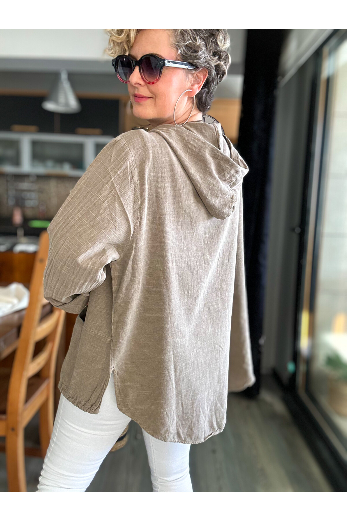 Papel Nakış Detaylı İpli Kapşonlu Hırka Ceket Vizon