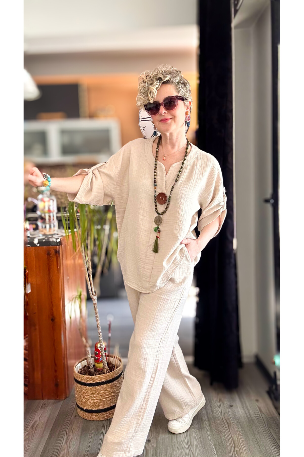 Passero Müslin Tahta Düğmeli Bluz Pantolon Takım Bej