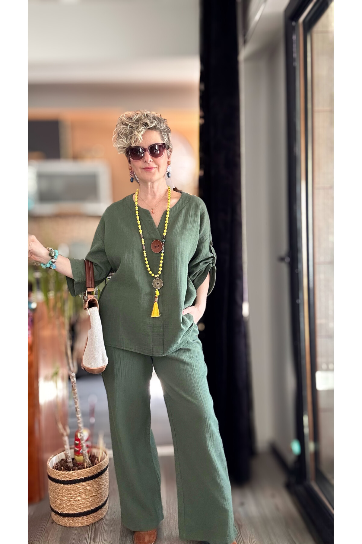 Passero Müslin Tahta Düğmeli Bluz Pantolon Takım Haki Yeşil