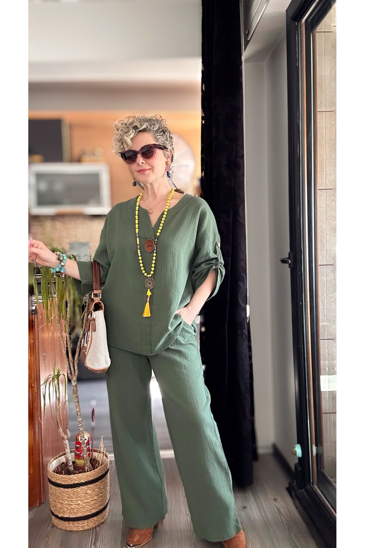 Passero Müslin Tahta Düğmeli Bluz Pantolon Takım Haki Yeşil