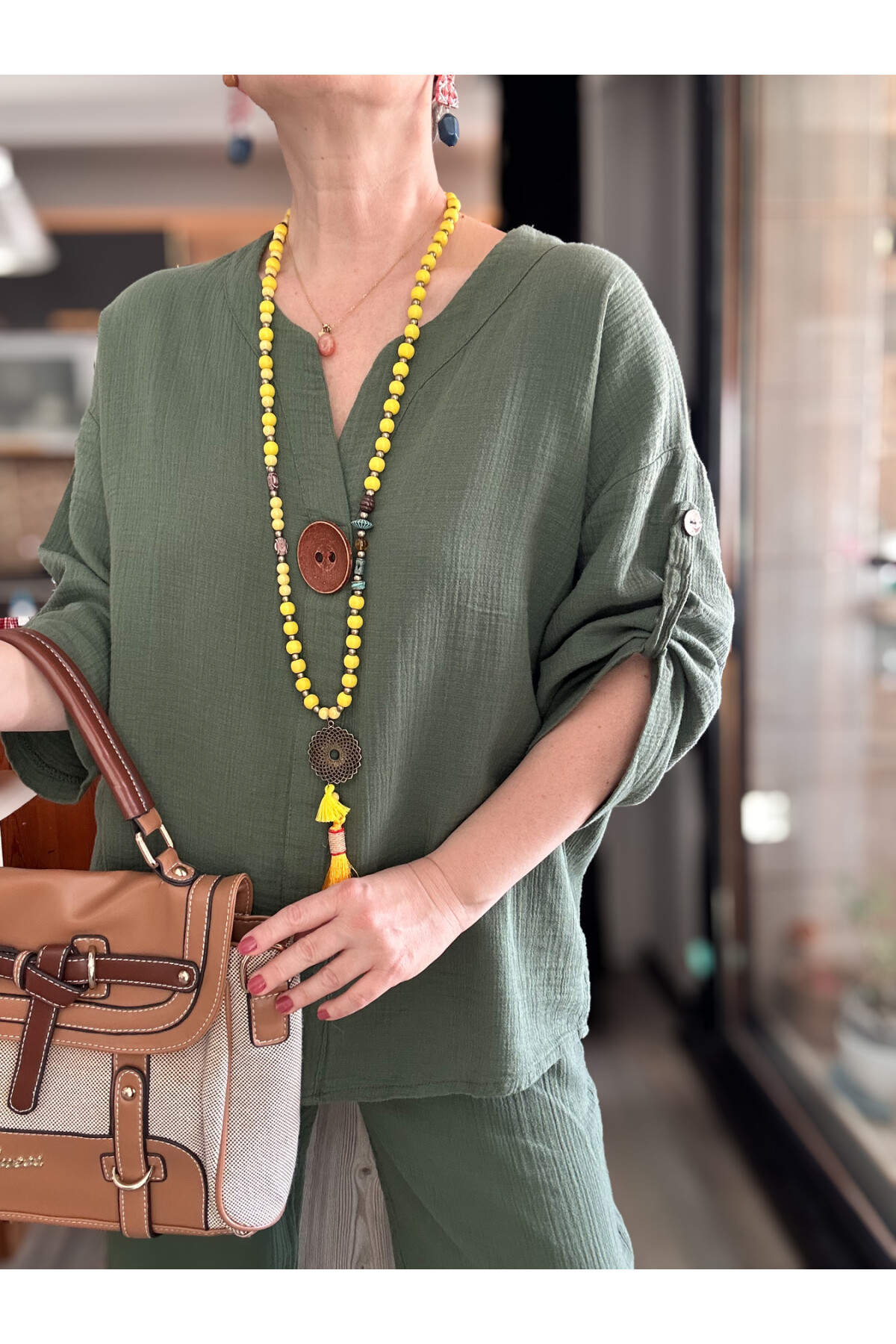 Passero Müslin Tahta Düğmeli Bluz Pantolon Takım Haki Yeşil