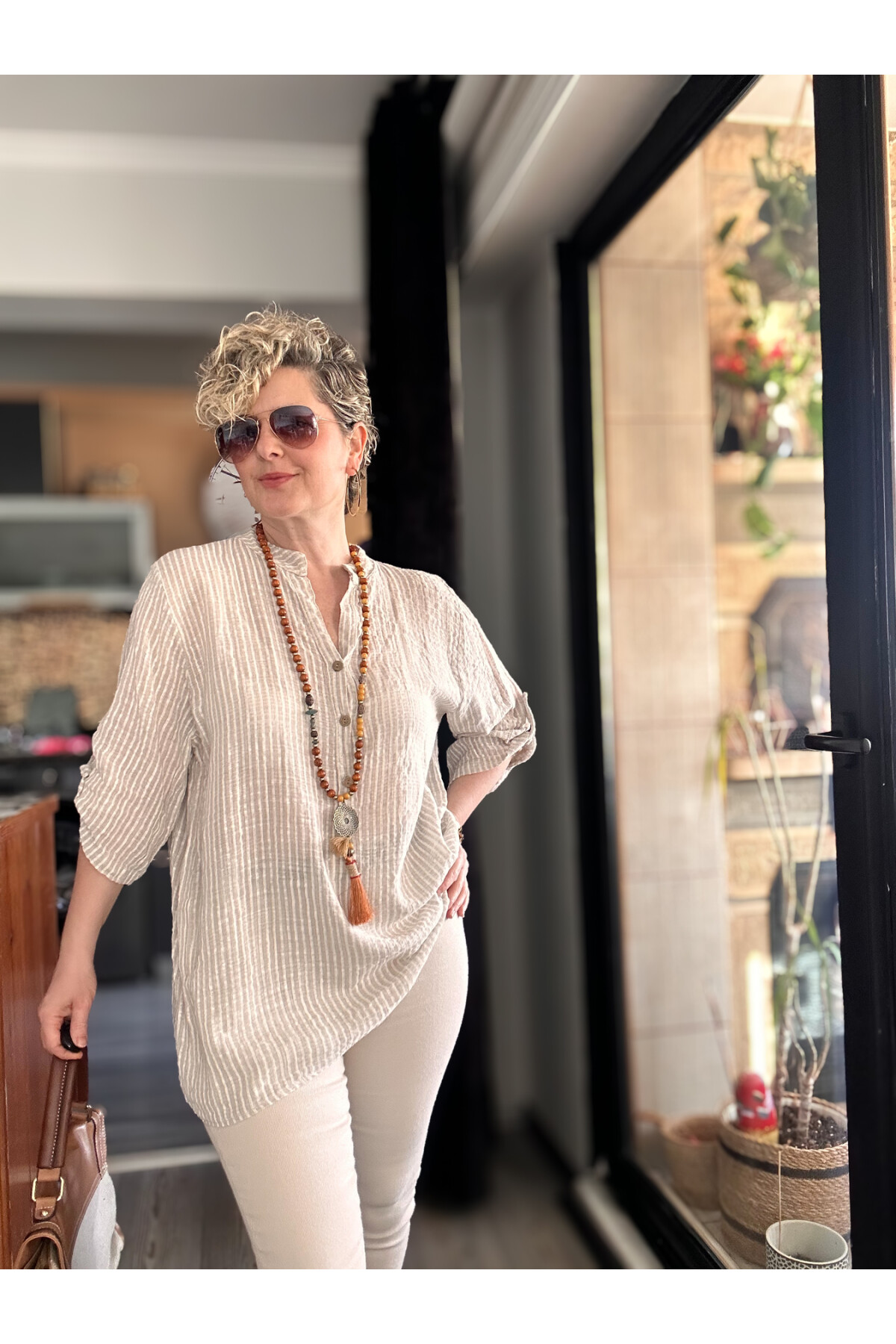 Patto Çizgi Desen İtalyan Gömlek Beige