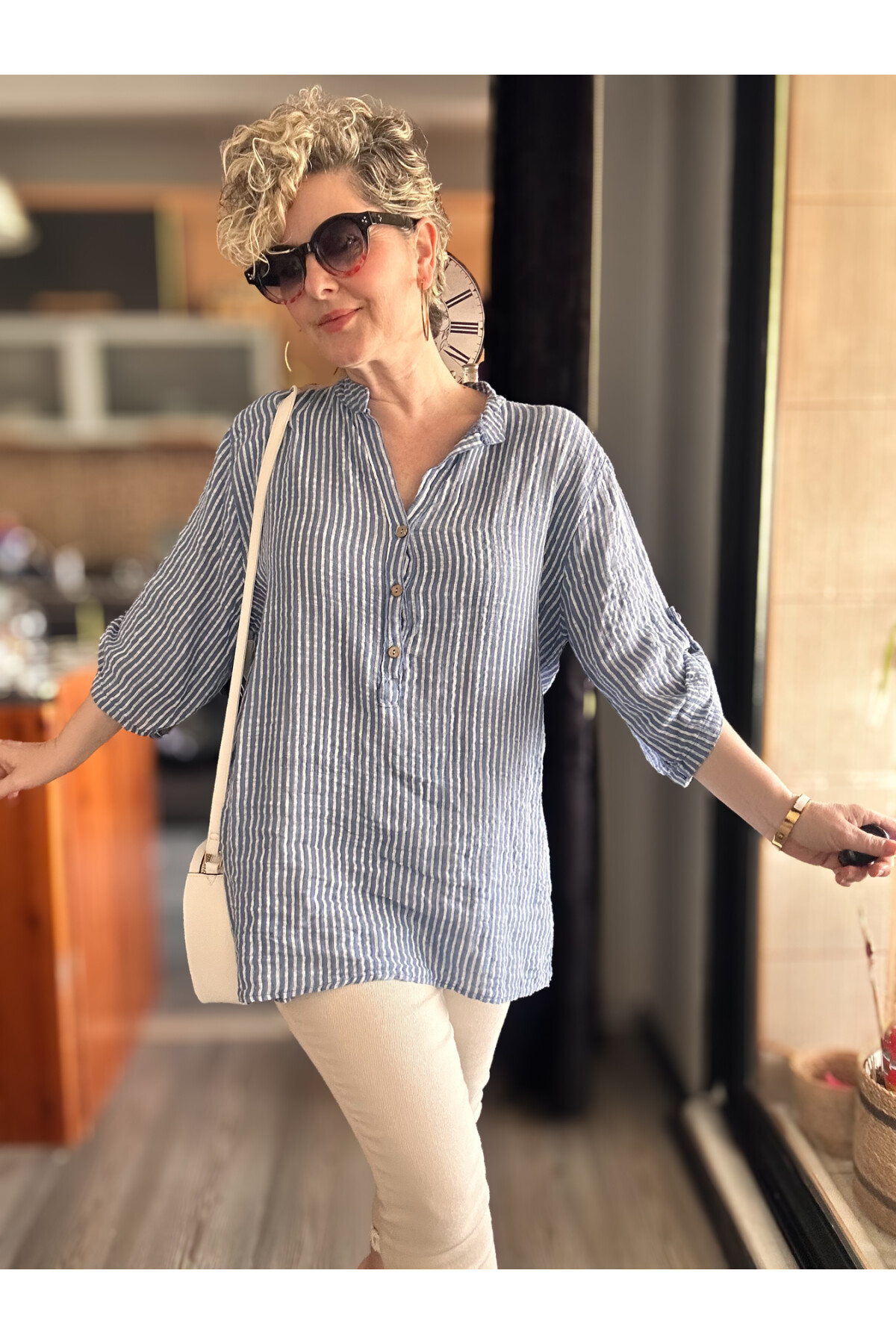 Patto Çizgi Desen İtalyan Gömlek Jeans Mavi