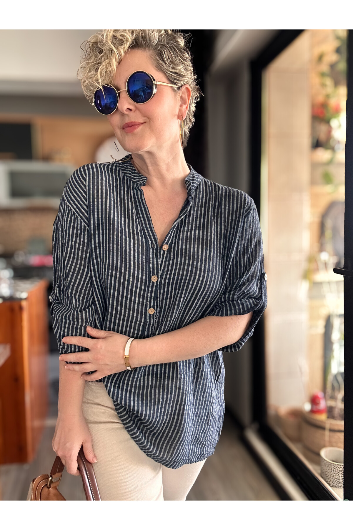 Patto Çizgi Desen İtalyan Gömlek Navy