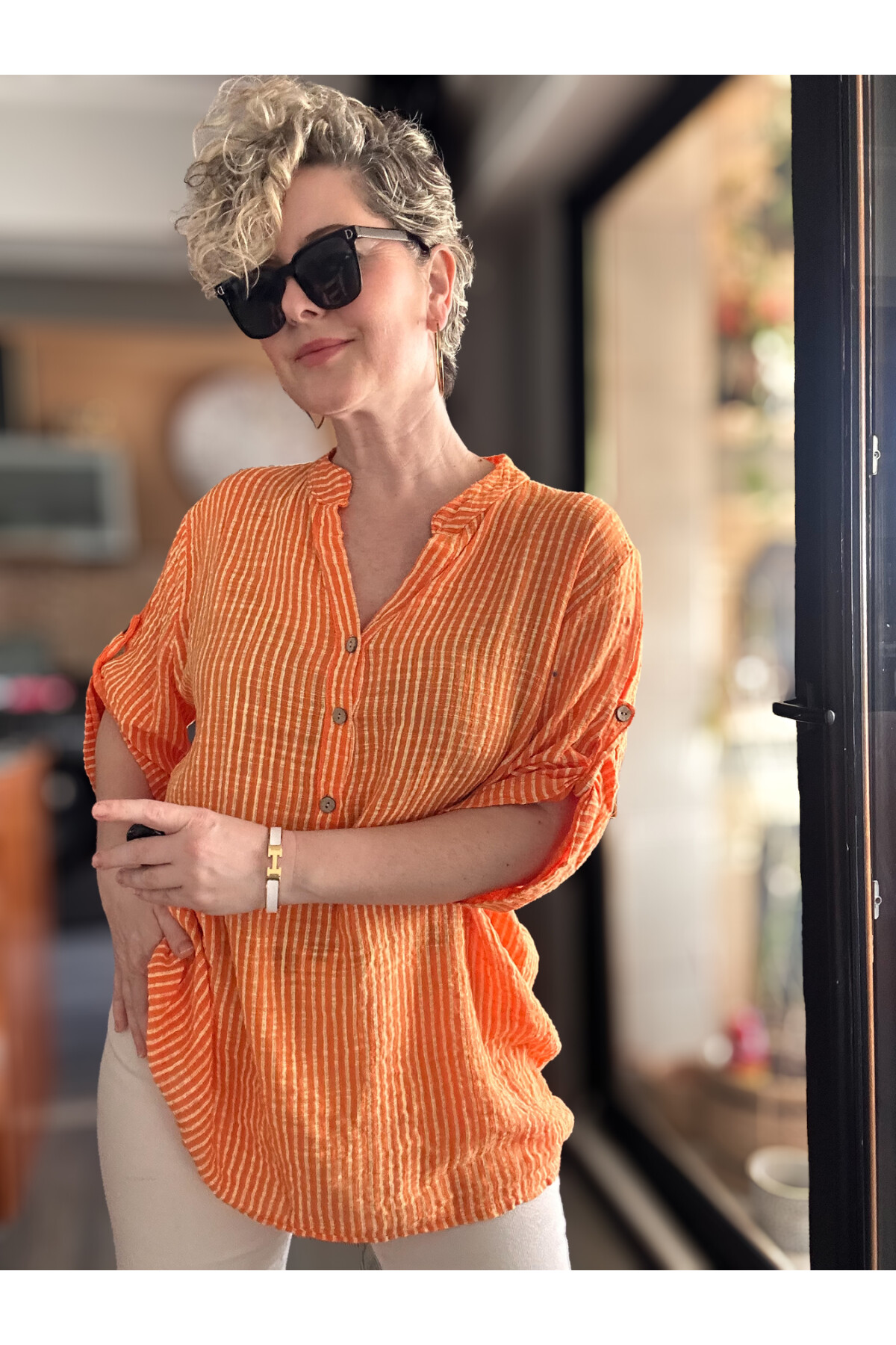 Patto Çizgi Desen İtalyan Gömlek Orange