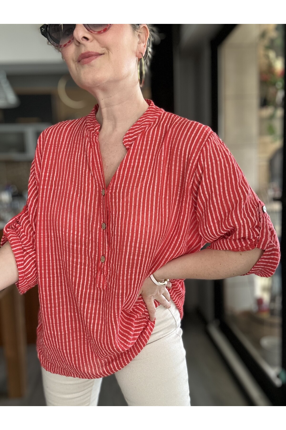 Patto Çizgi Desen İtalyan Gömlek Red