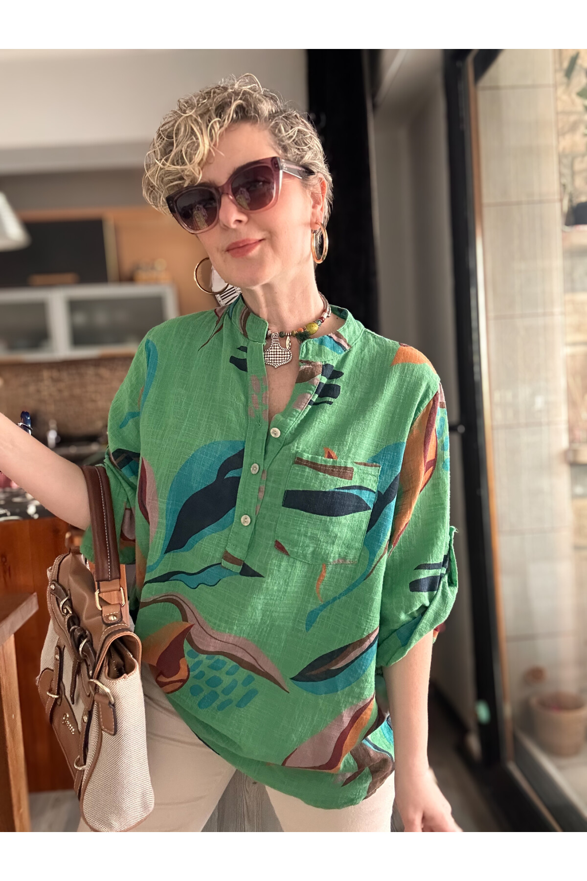 Pavvi Lotus Desen İtalyan Gömlek Yeşil