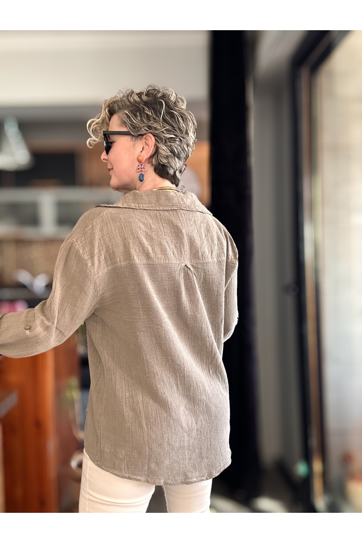 Pelas Tasarım Petek Doku Yakalı Gömlek Vizon