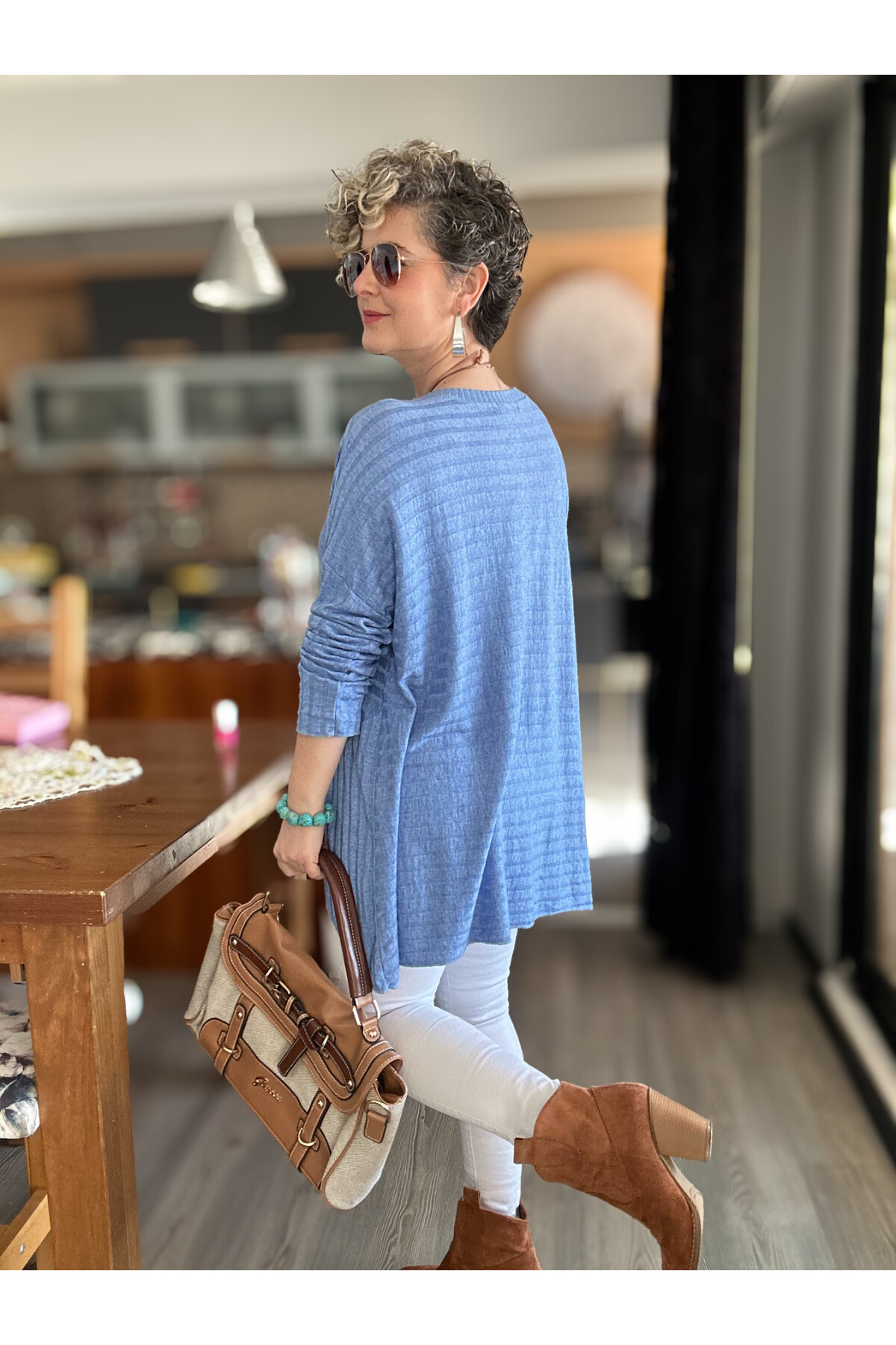 Pelle İtalyan Kolyeli Fitil Desen Bluz İndigo